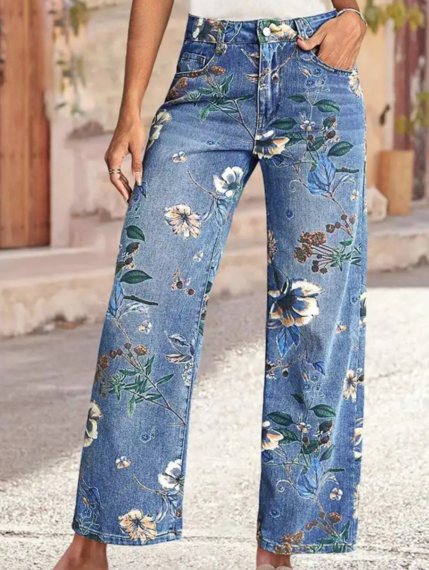 Floral Print Wide Leg Jeans