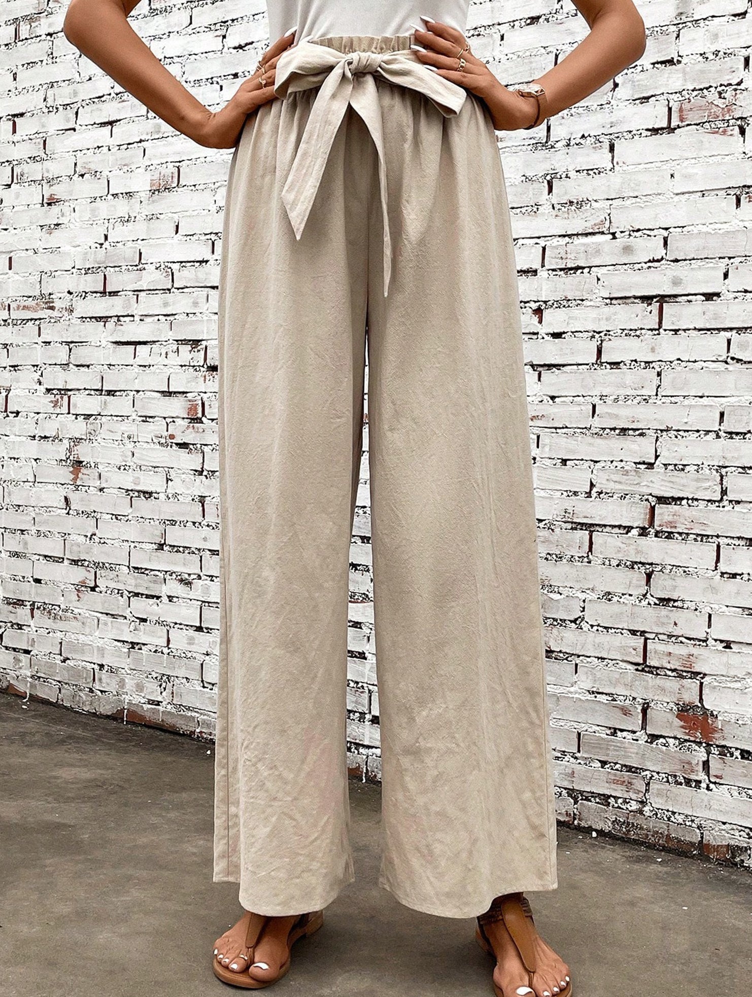 Tie Waist Linen Look Wide Leg Pants