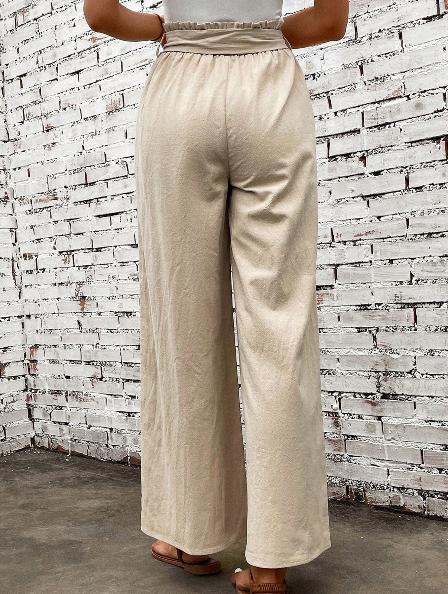 Tie Waist Linen Look Wide Leg Pants
