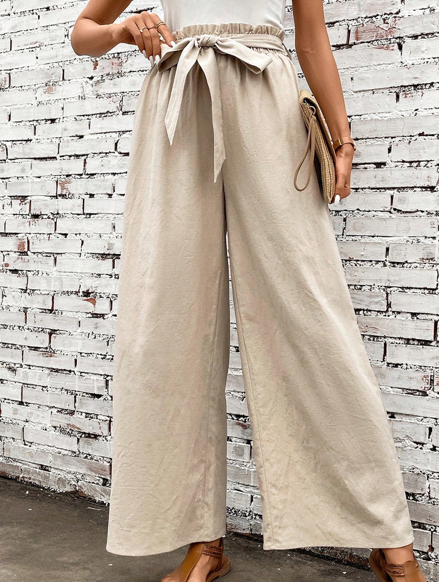 Tie Waist Linen Look Wide Leg Pants