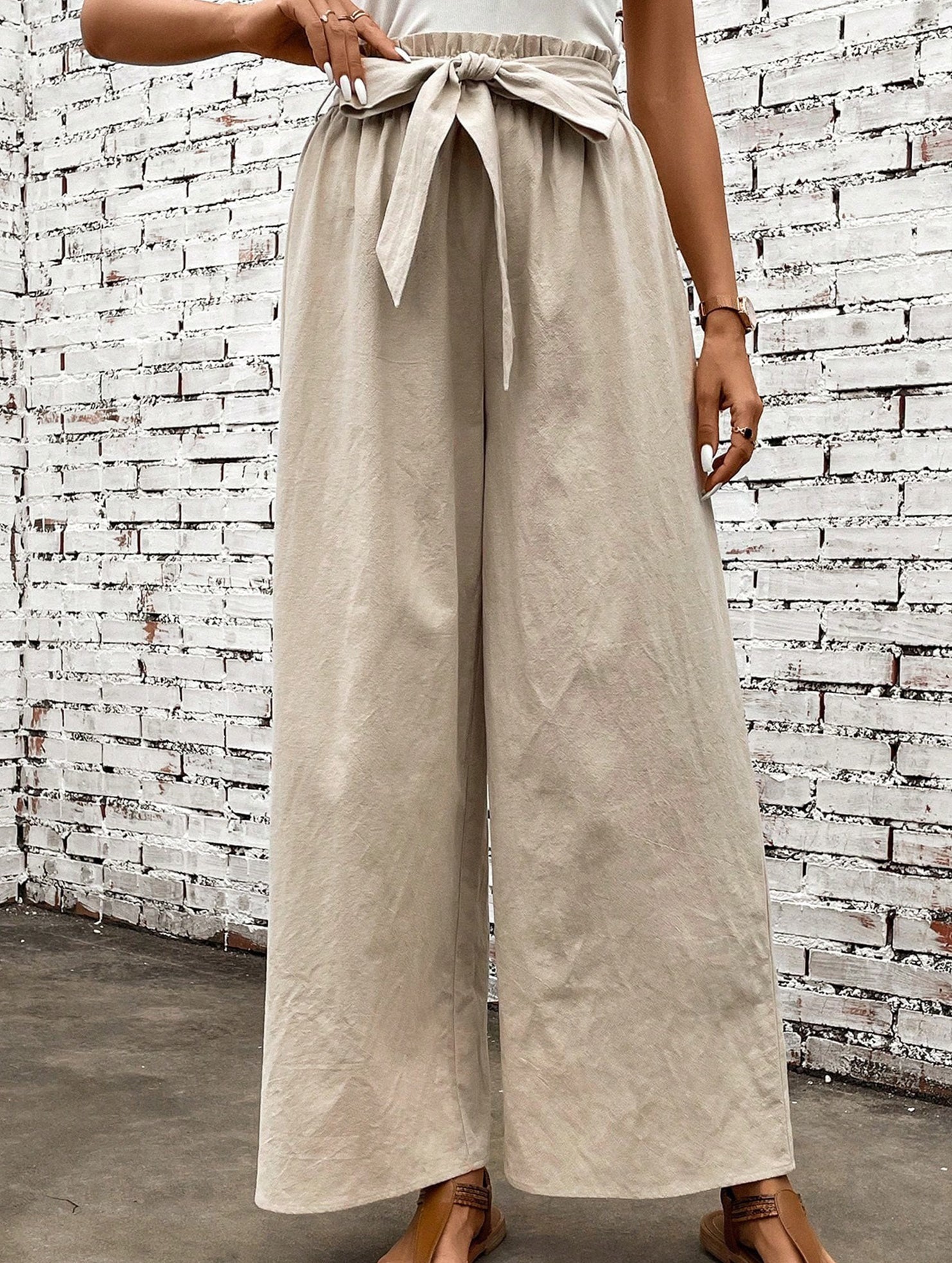 Tie Waist Linen Look Wide Leg Pants