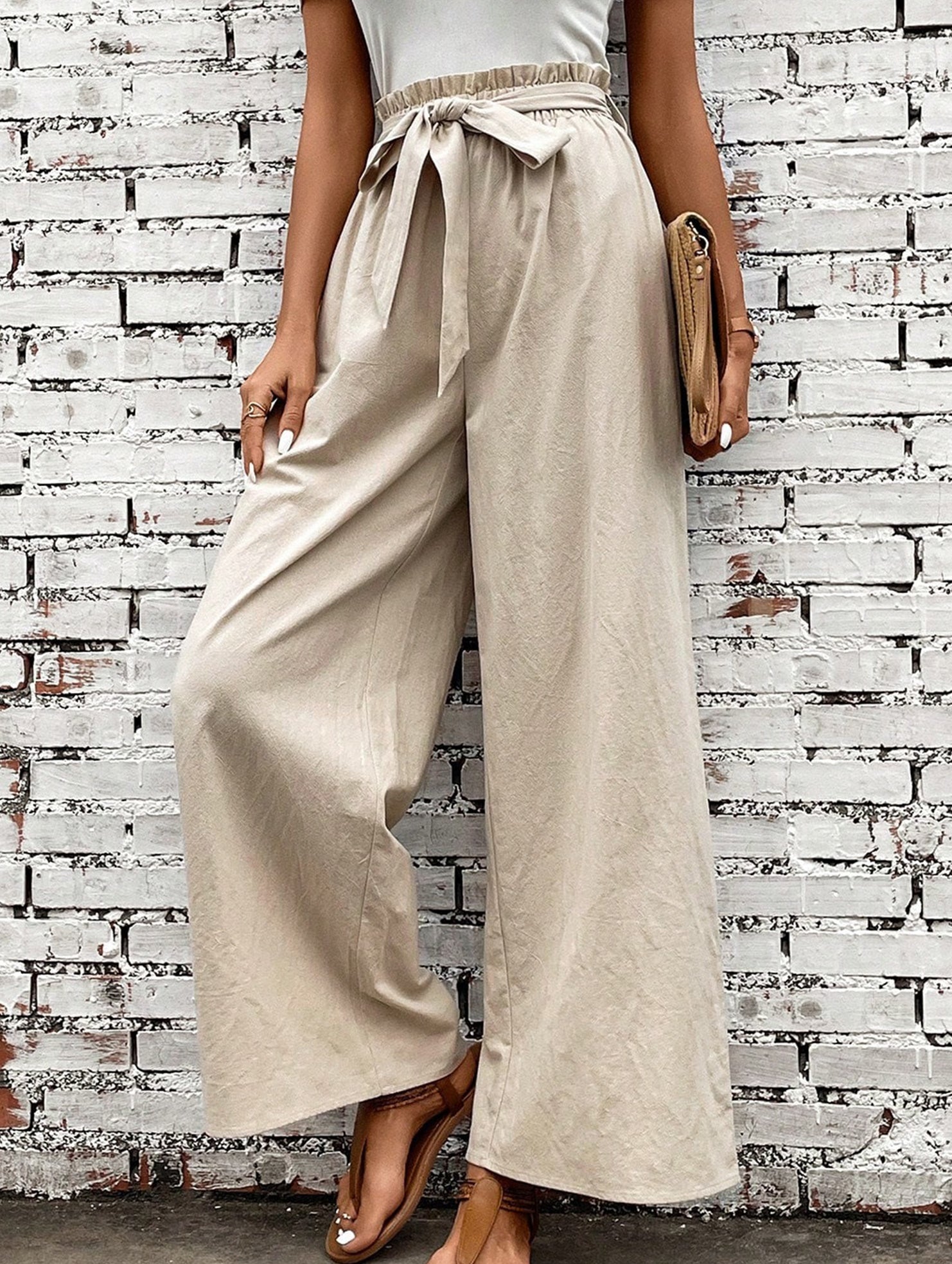 Tie Waist Linen Look Wide Leg Pants