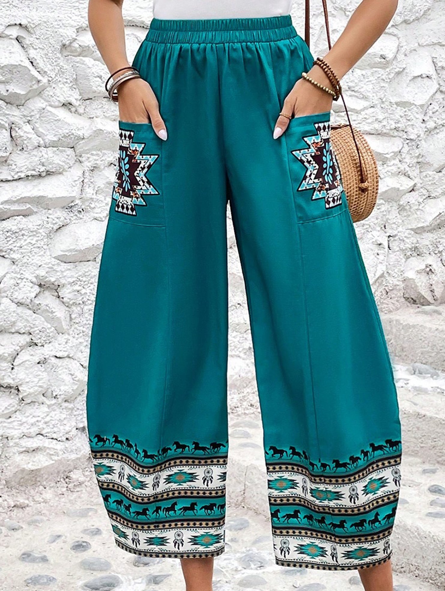 Tribal Print Wide Leg Pocket Pants