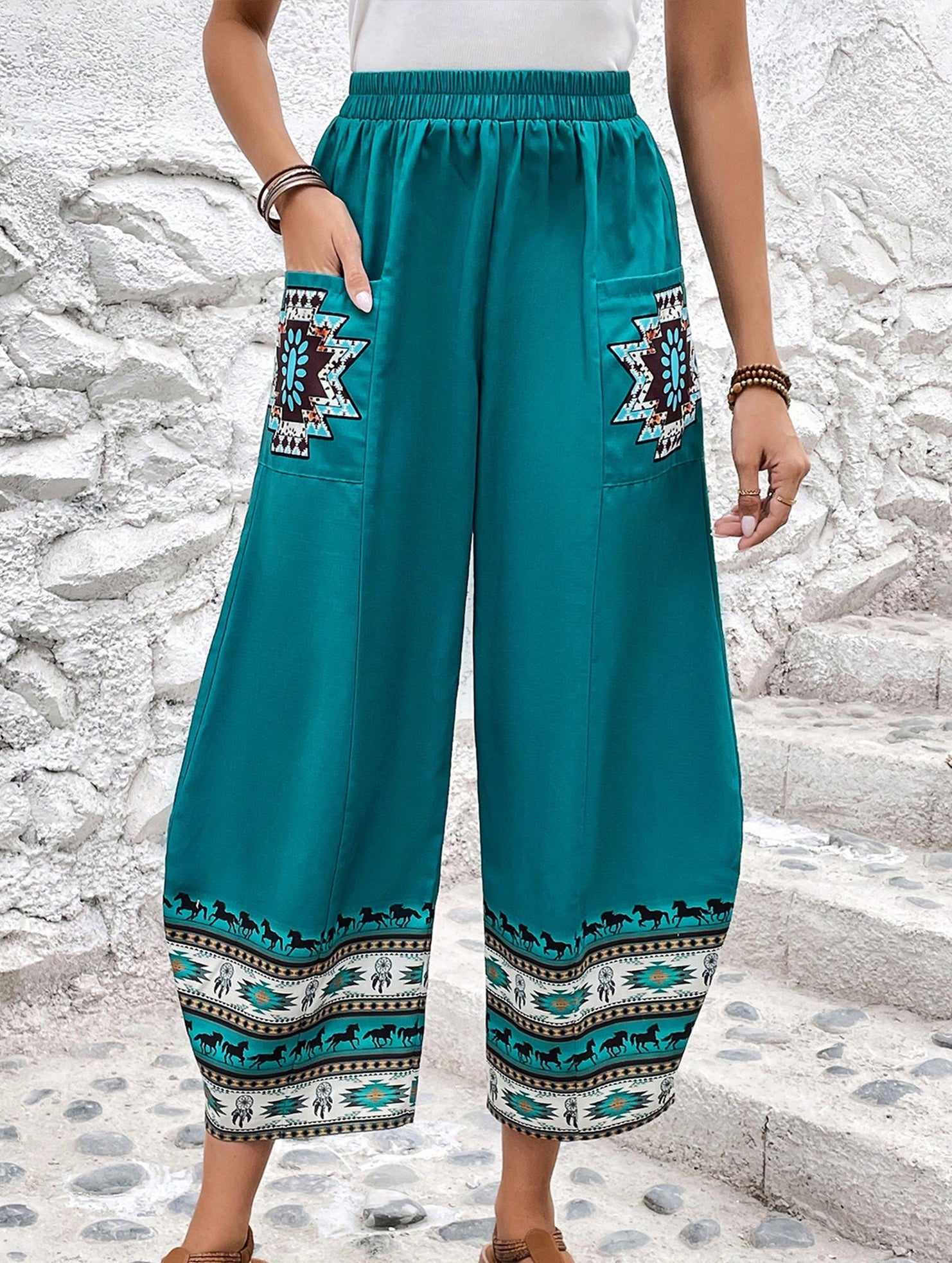 Tribal Print Wide Leg Pocket Pants