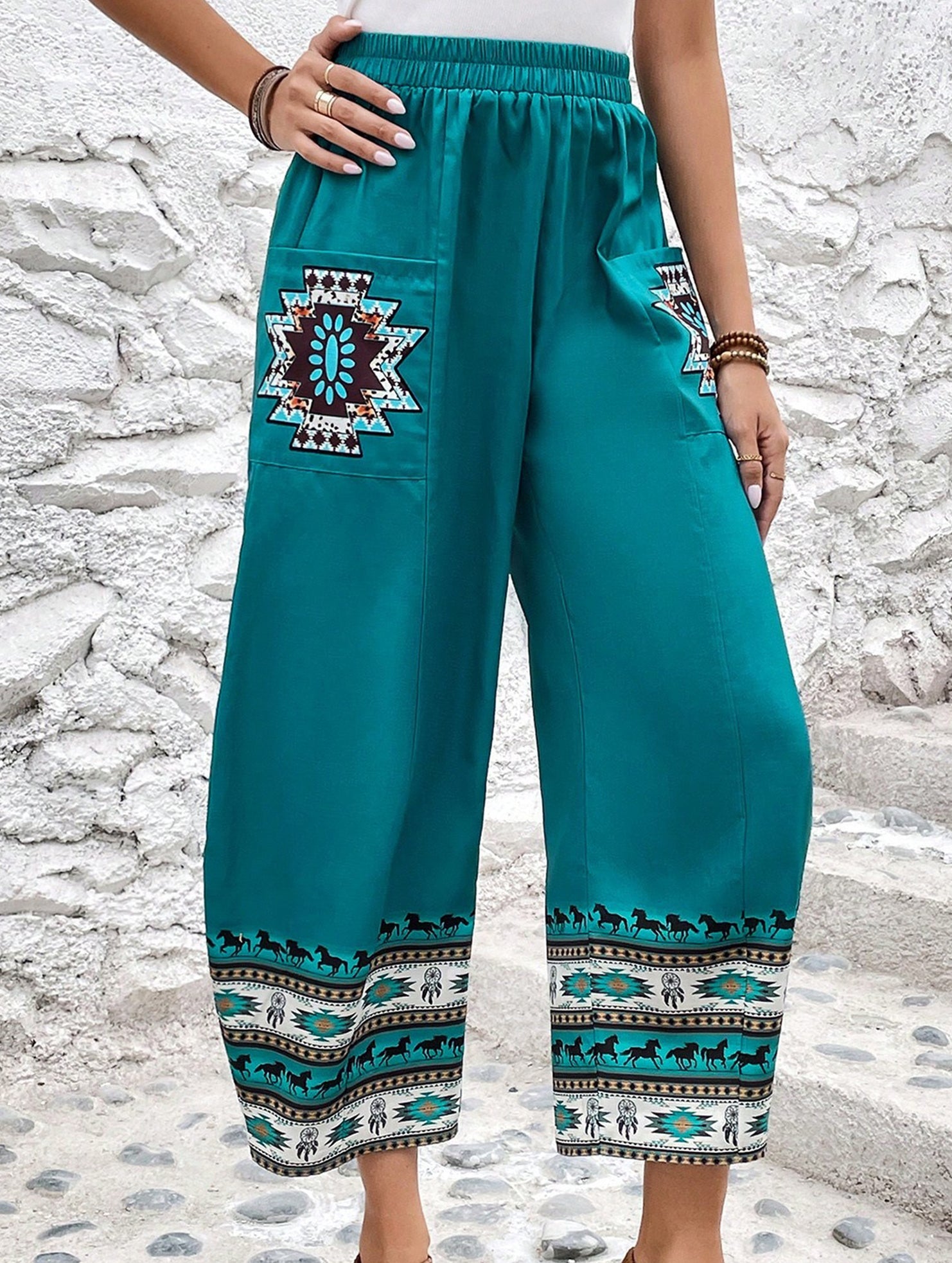 Tribal Print Wide Leg Pocket Pants