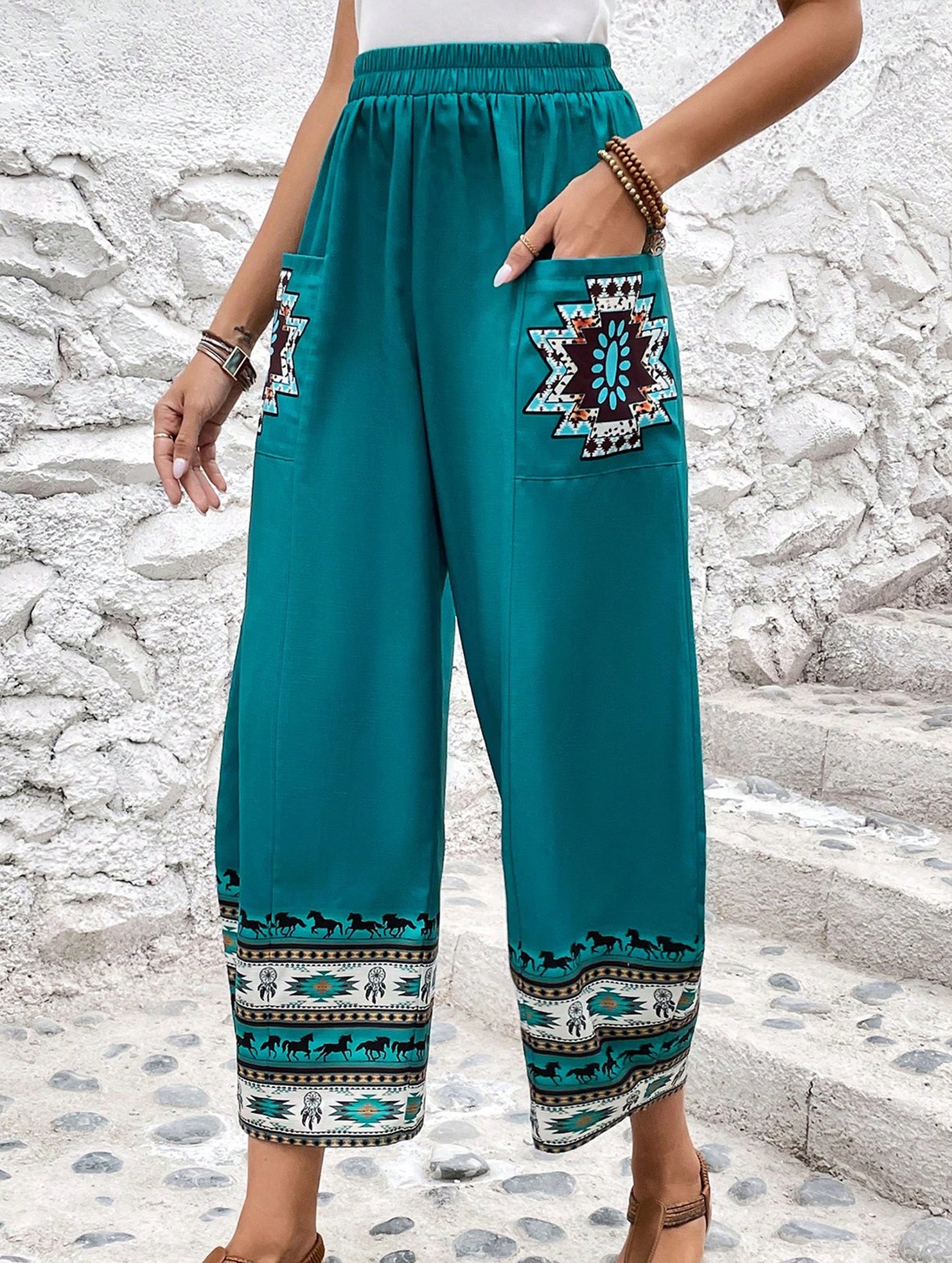 Tribal Print Wide Leg Pocket Pants