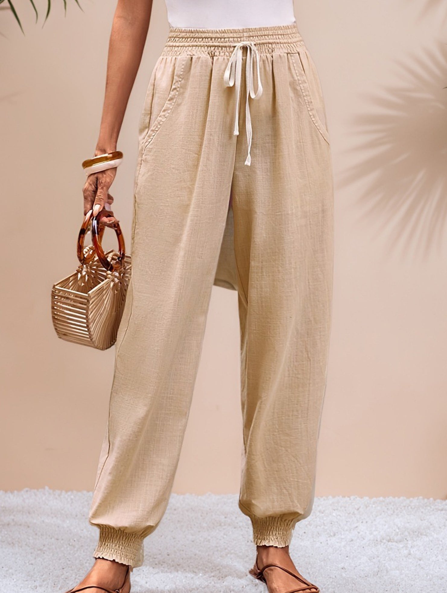 Drawstring Elastic Waist Wide Leg Pants