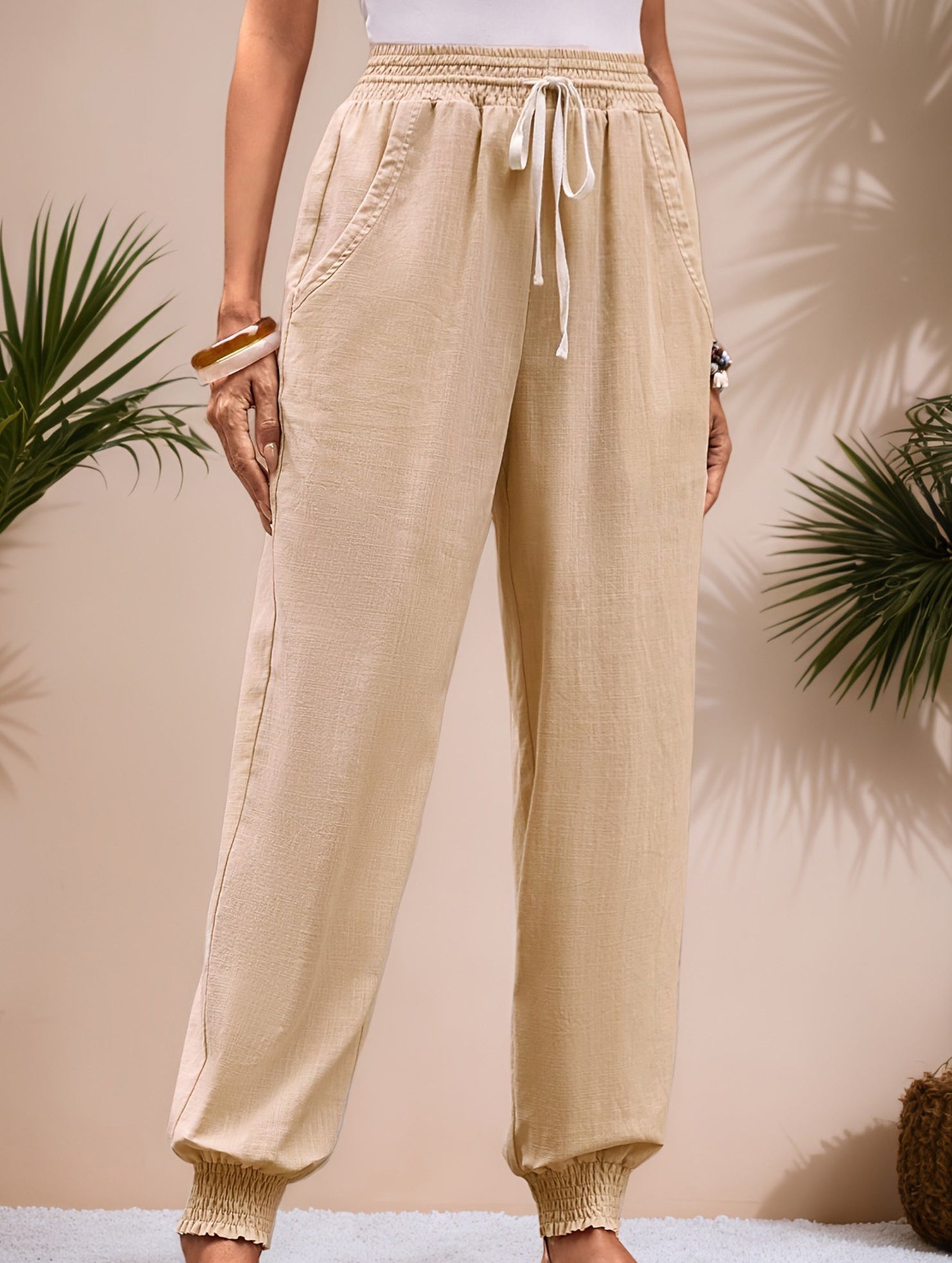 Drawstring Elastic Waist Wide Leg Pants