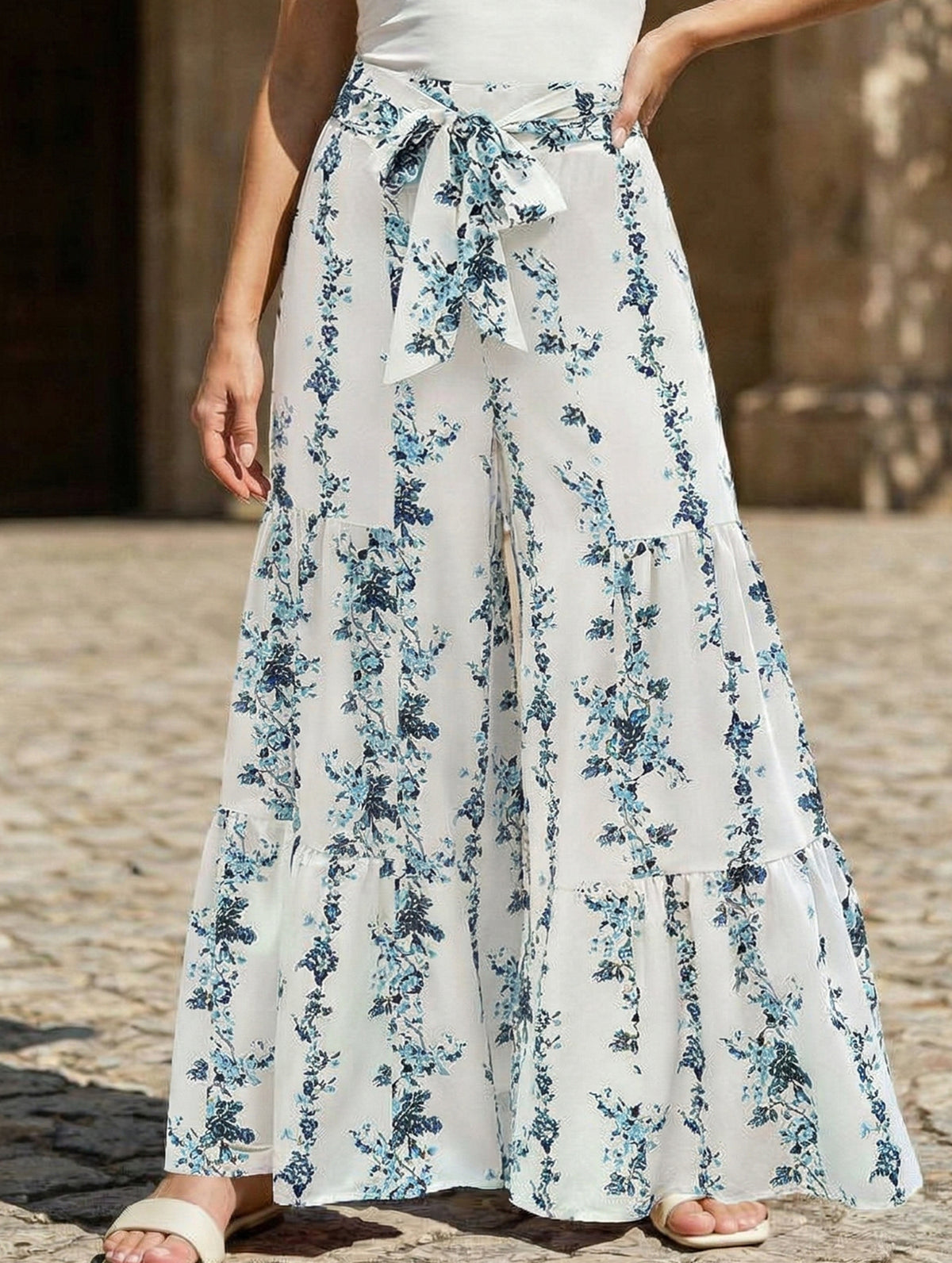 Boho Print Tie Waist Wide Leg Pants