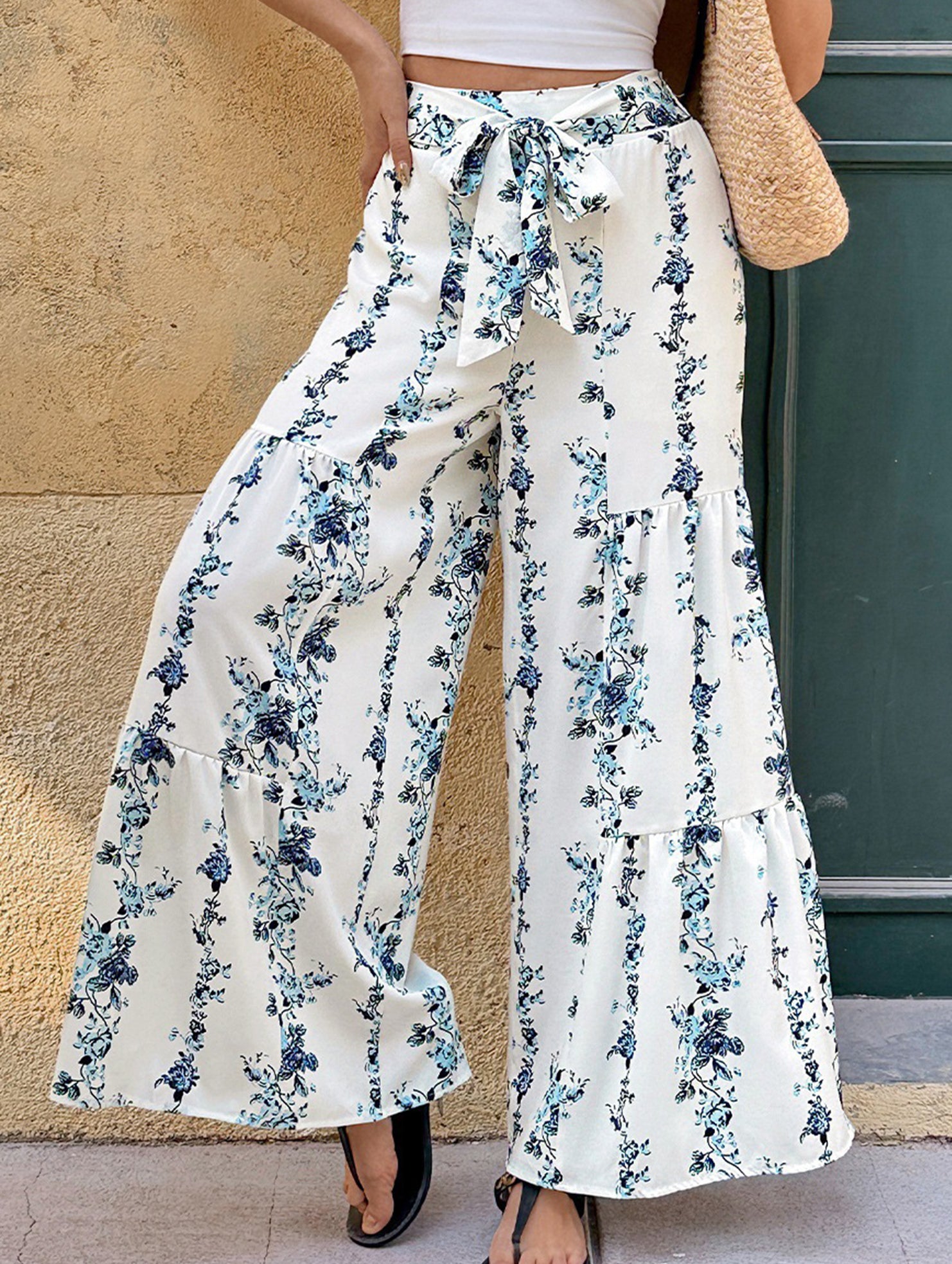 Boho Print Tie Waist Wide Leg Pants