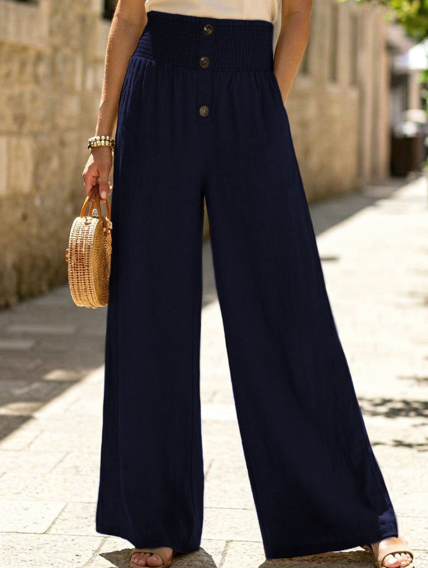 Linen Elastic Wide Leg Pants