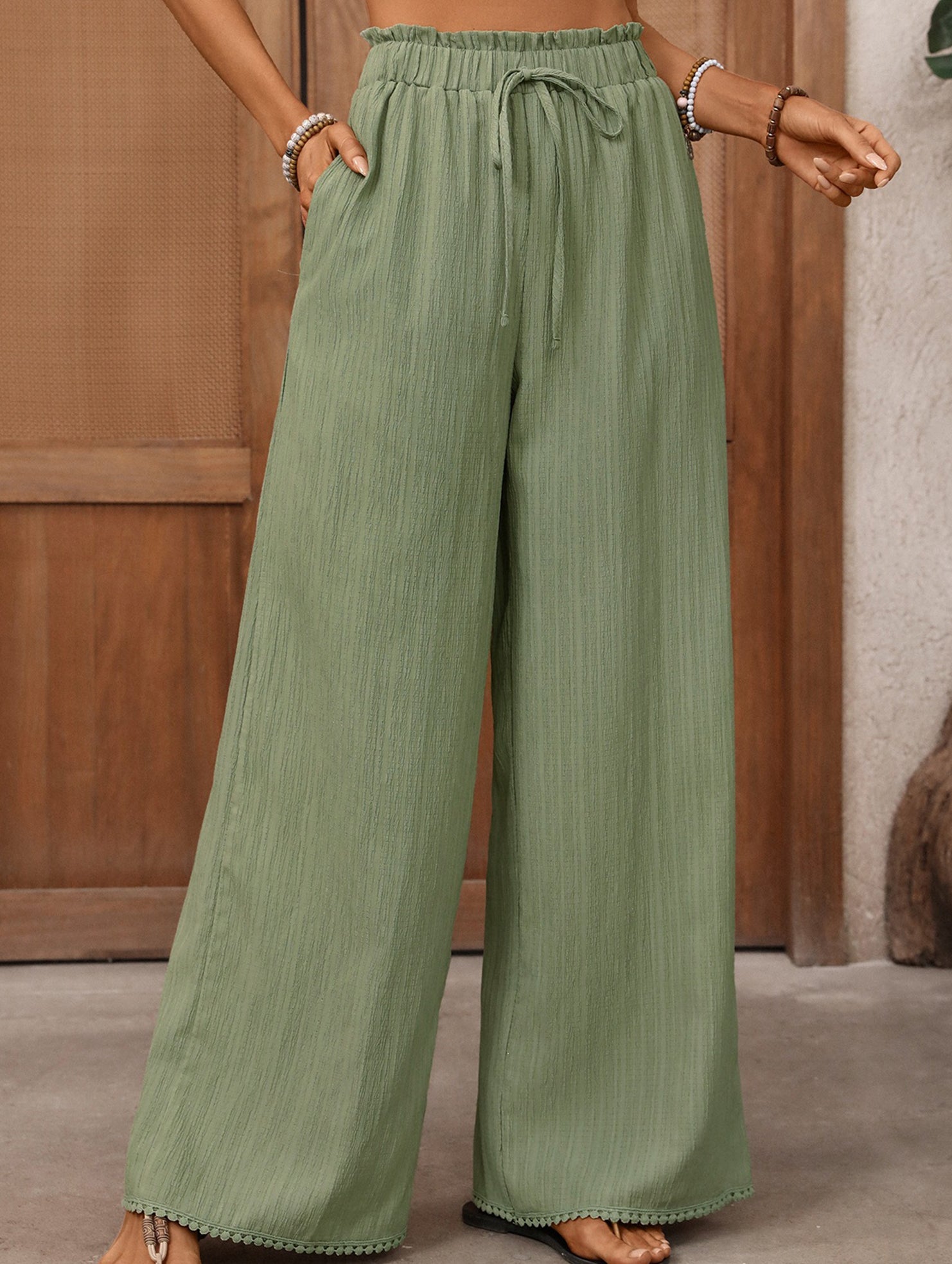 Elastic Waist Lace Wide Leg Pants