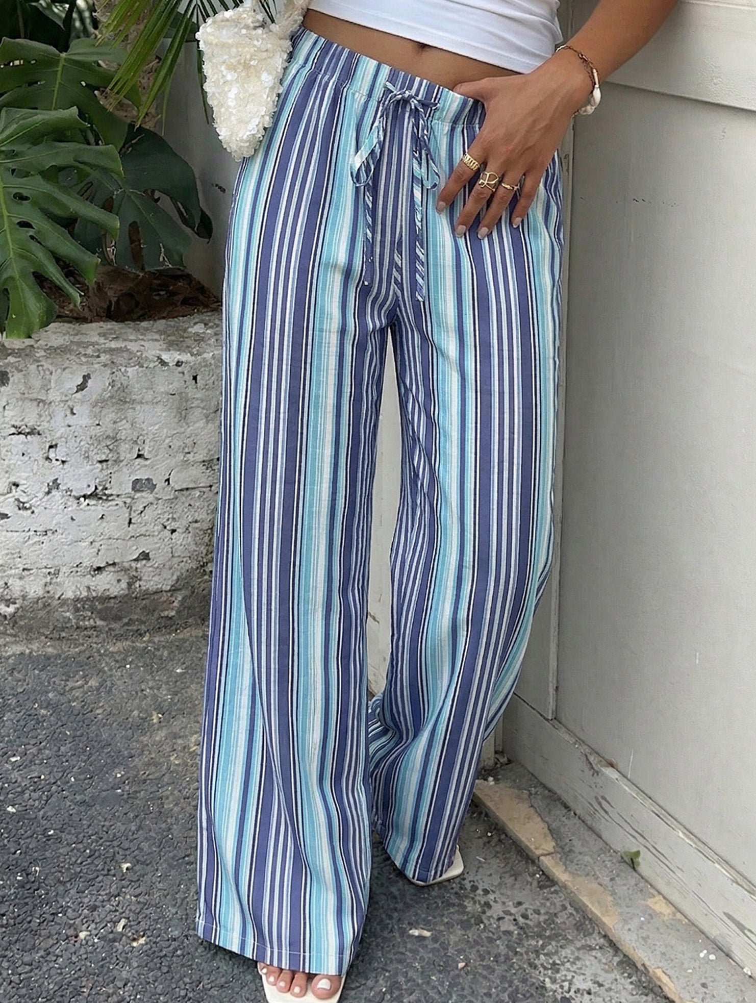 Stripe Elastic Waist Wide Leg Pants_CWBLP01665
