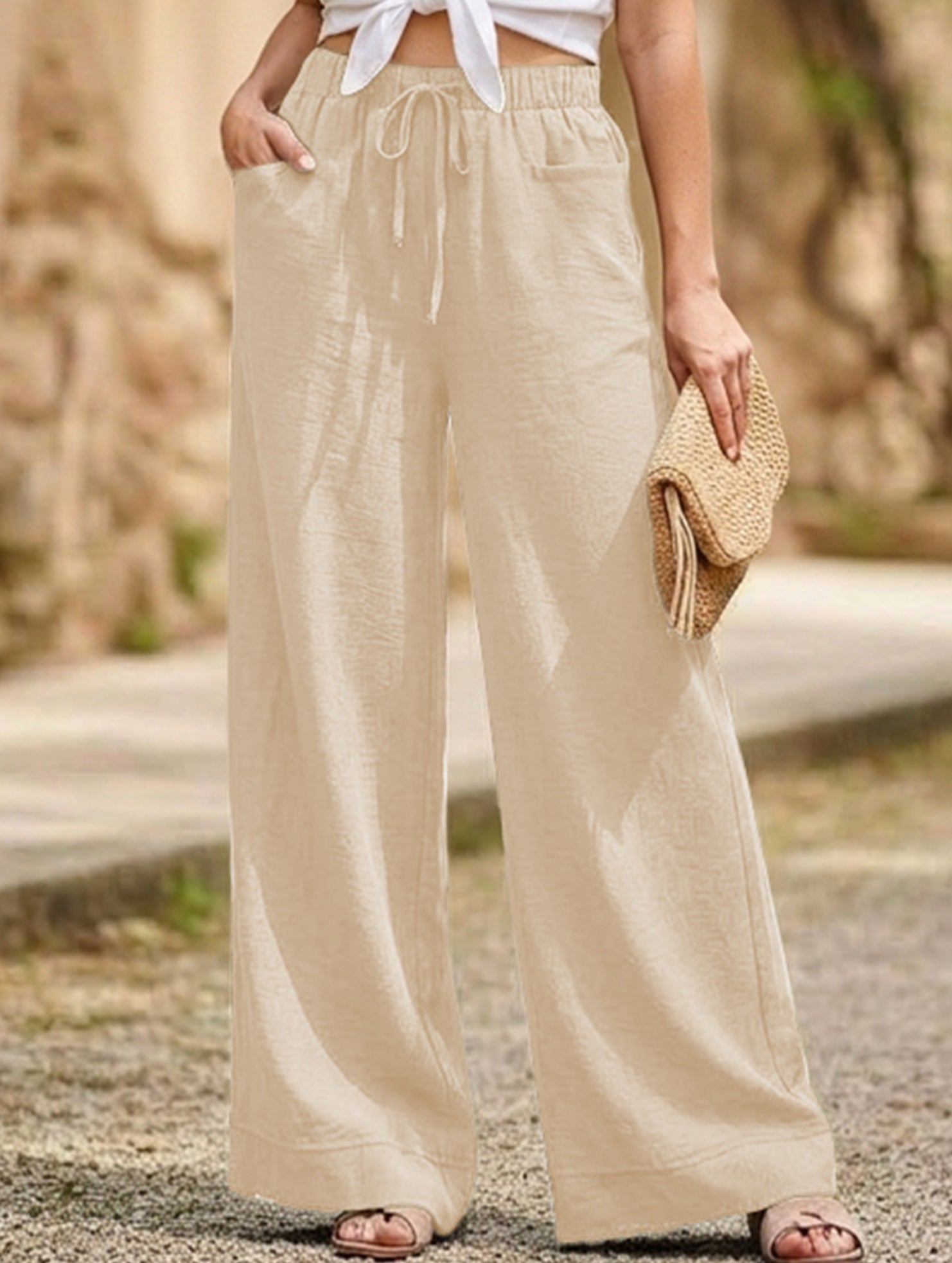 Drawstring High Waist Wide Leg Pants_CWBLP01670