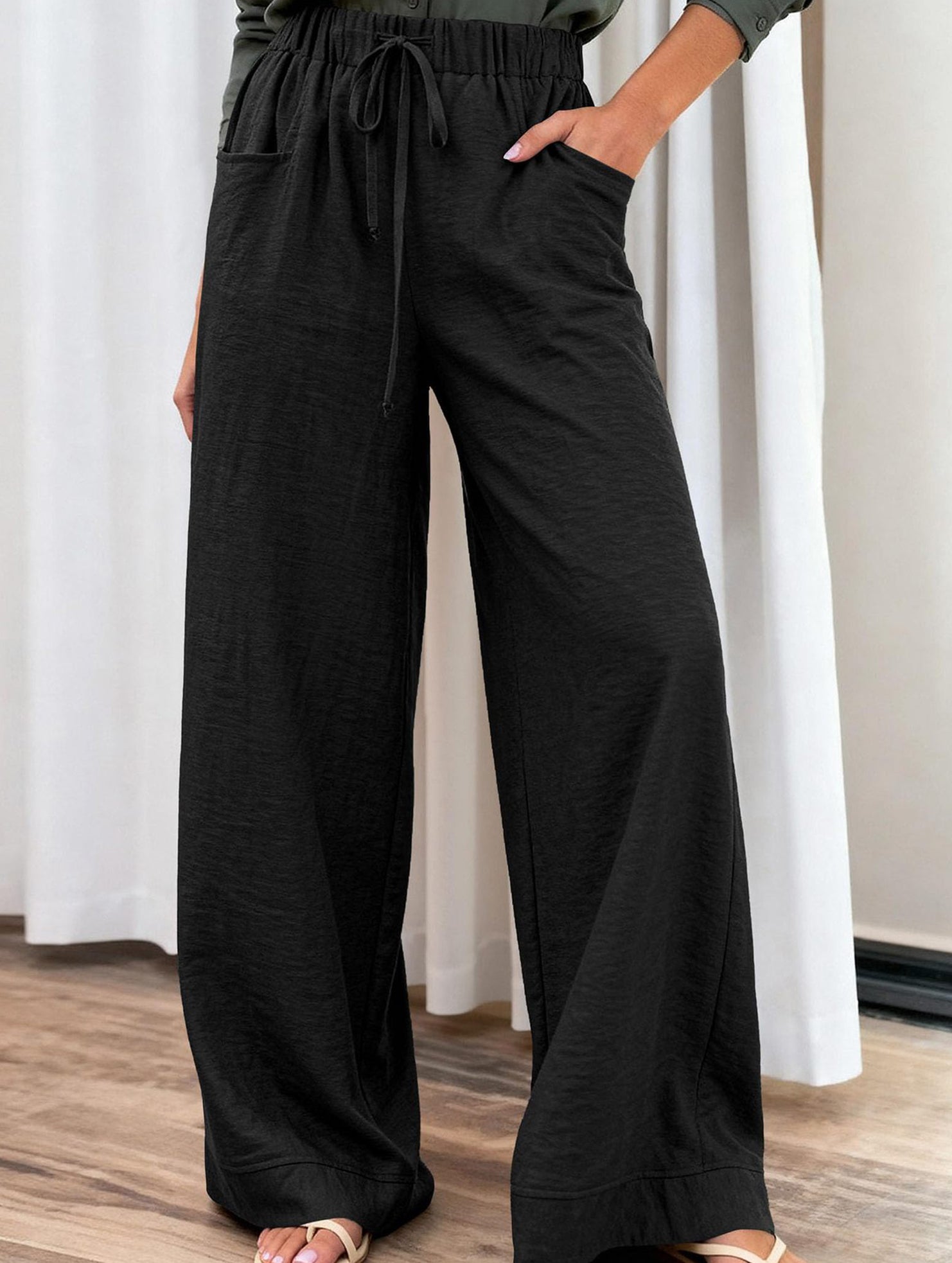 Drawstring High Waist Wide Leg Pants_CWBLP01670