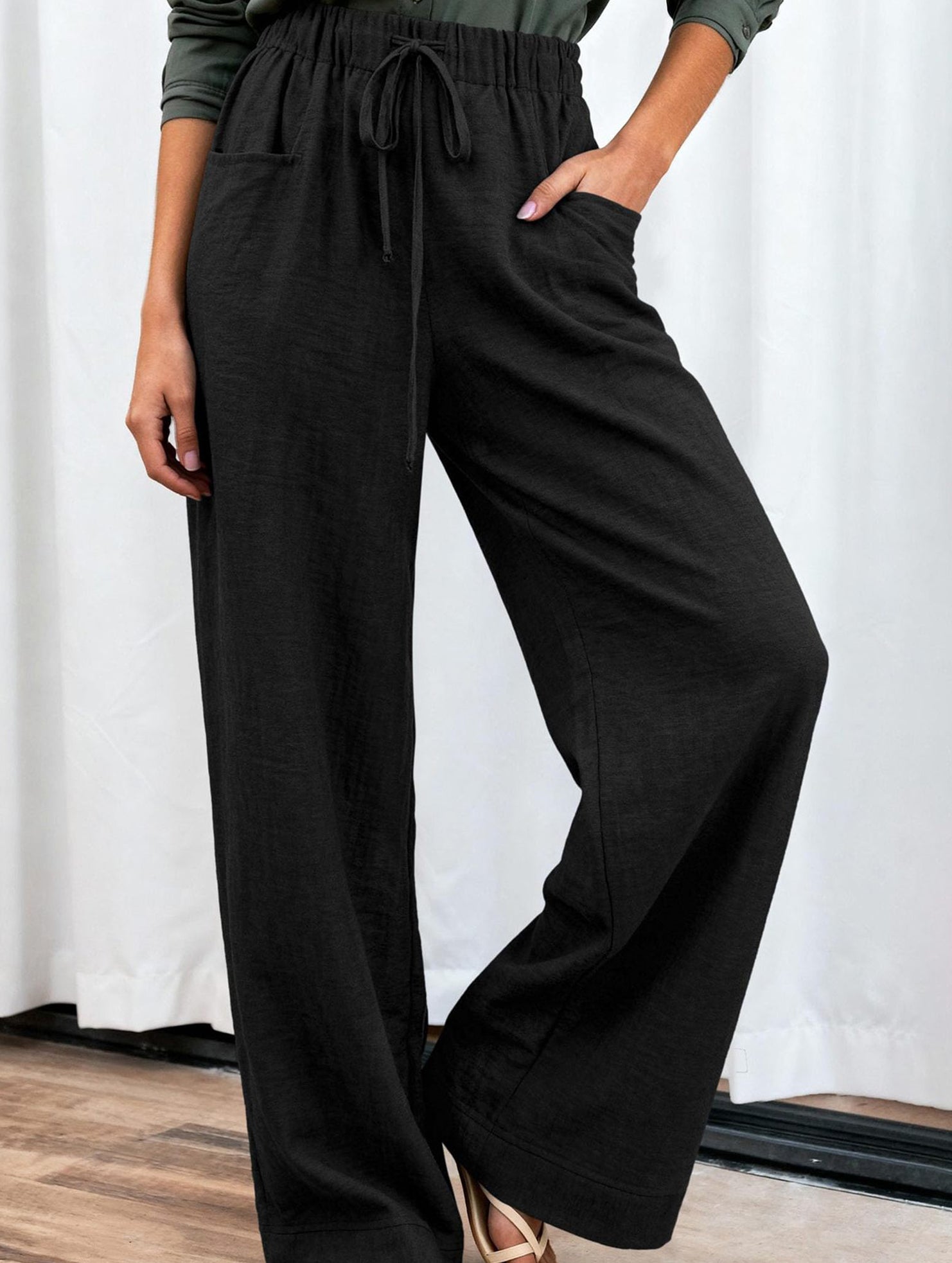 Drawstring High Waist Wide Leg Pants_CWBLP01670