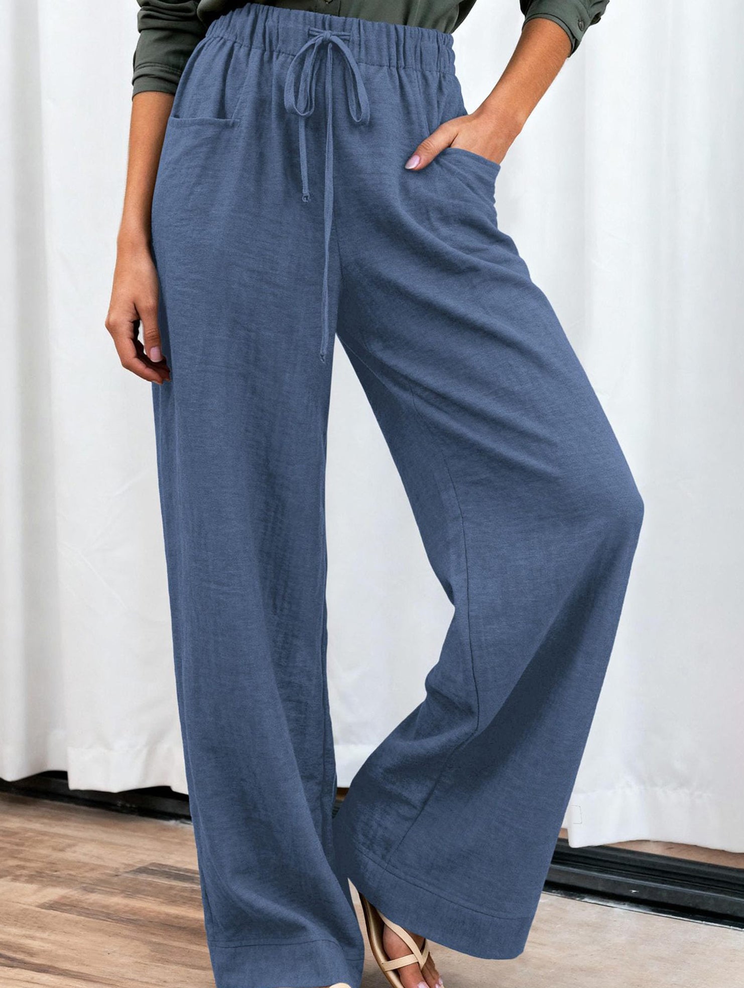 Drawstring High Waist Wide Leg Pants_CWBLP01670