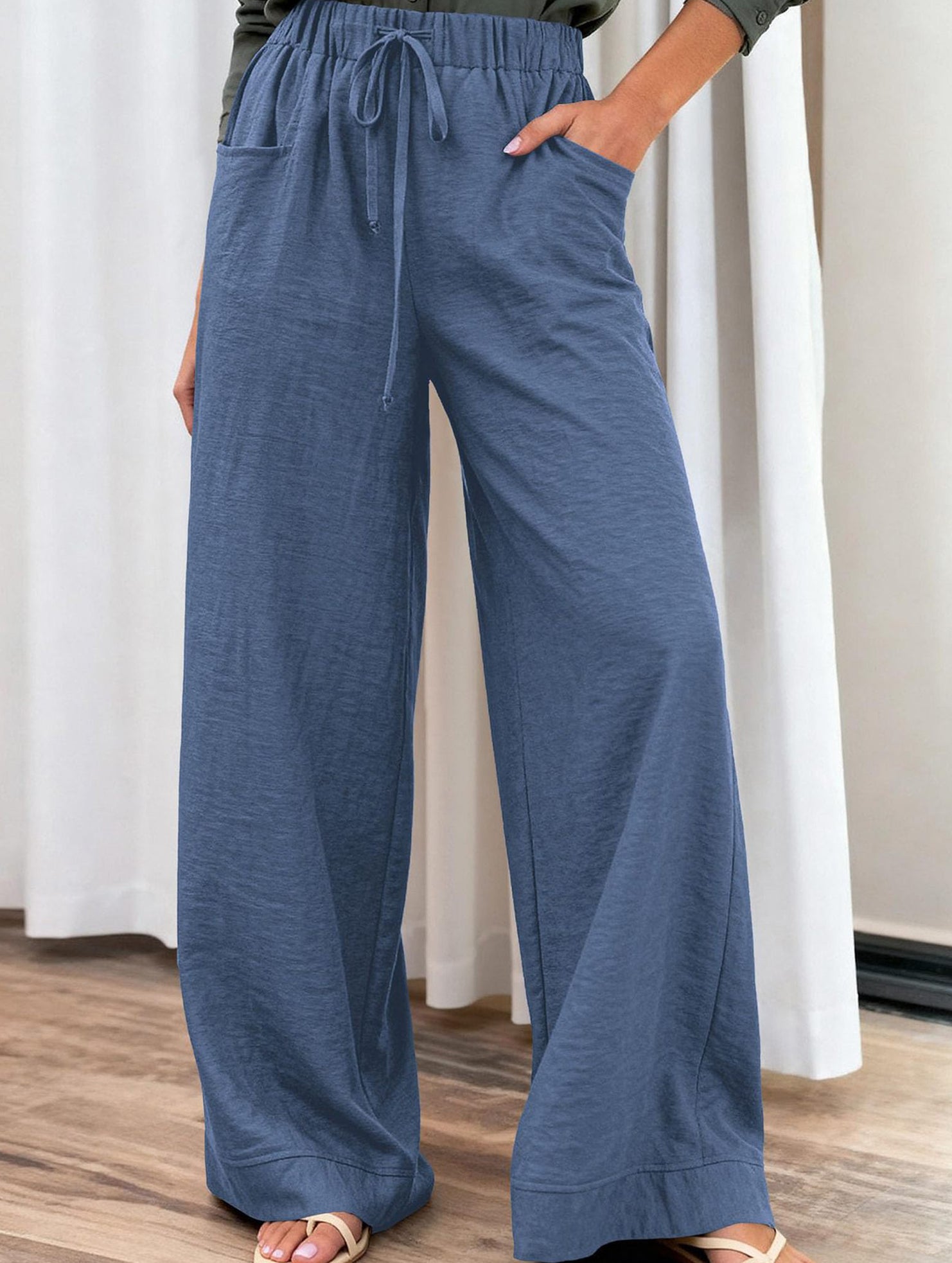Drawstring High Waist Wide Leg Pants_CWBLP01670