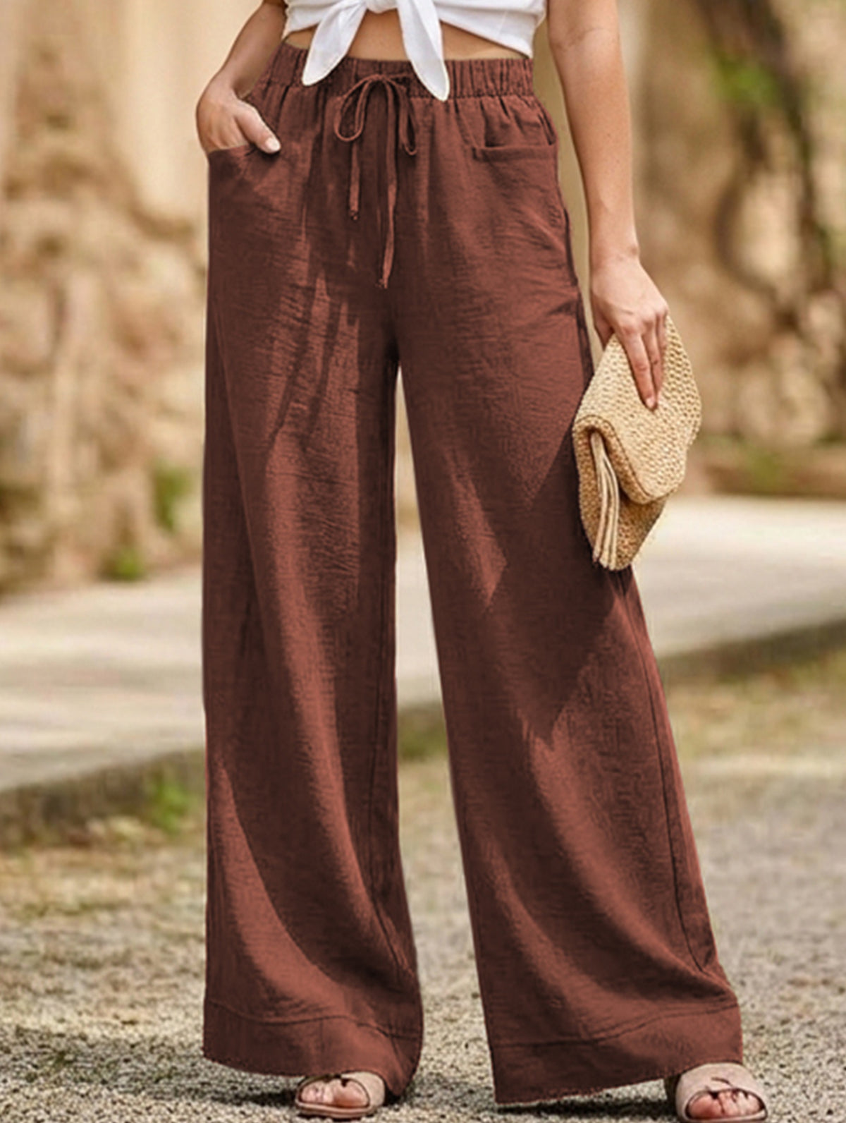 Drawstring High Waist Wide Leg Pants_CWBLP01670