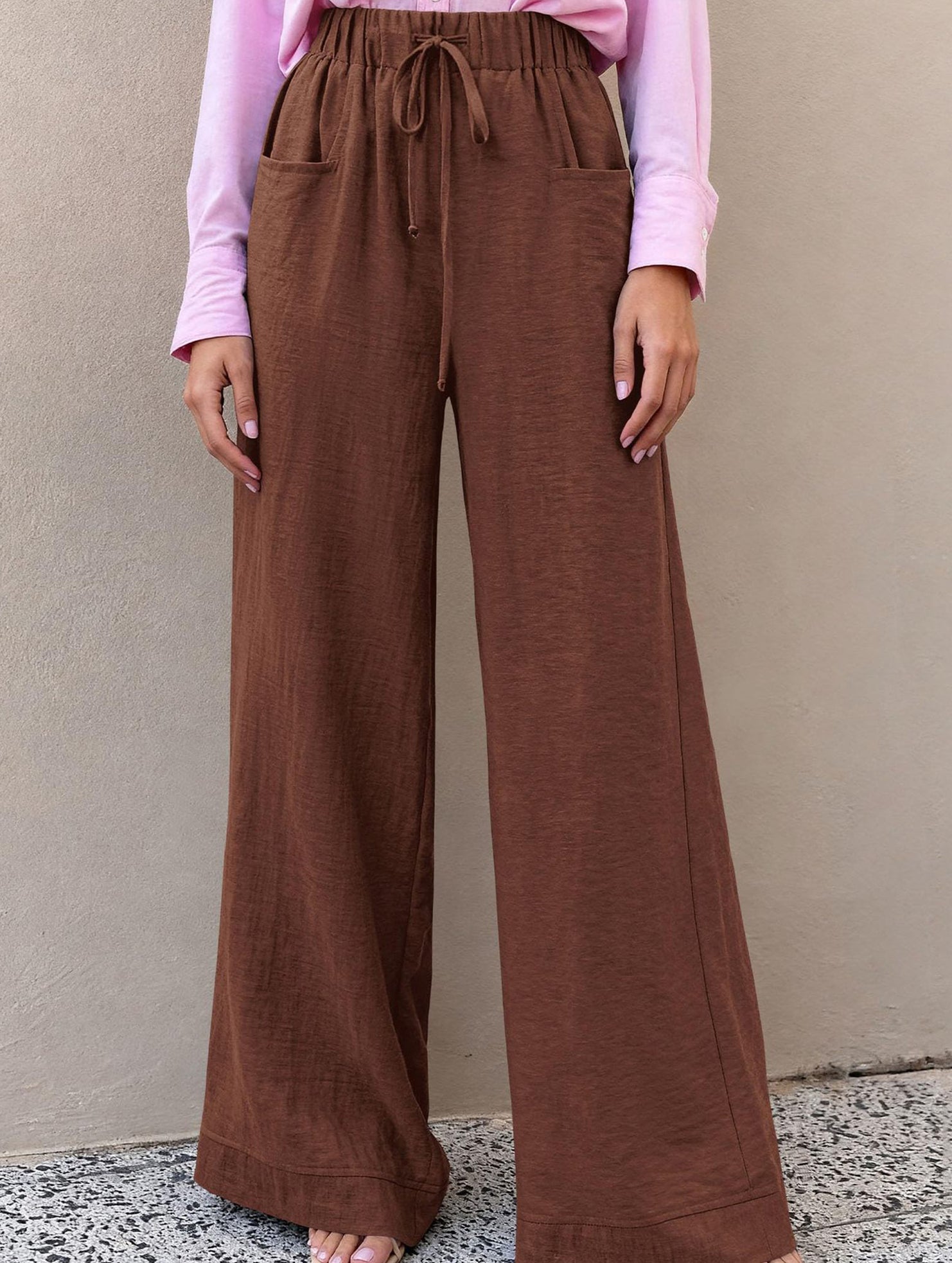 Drawstring High Waist Wide Leg Pants_CWBLP01670