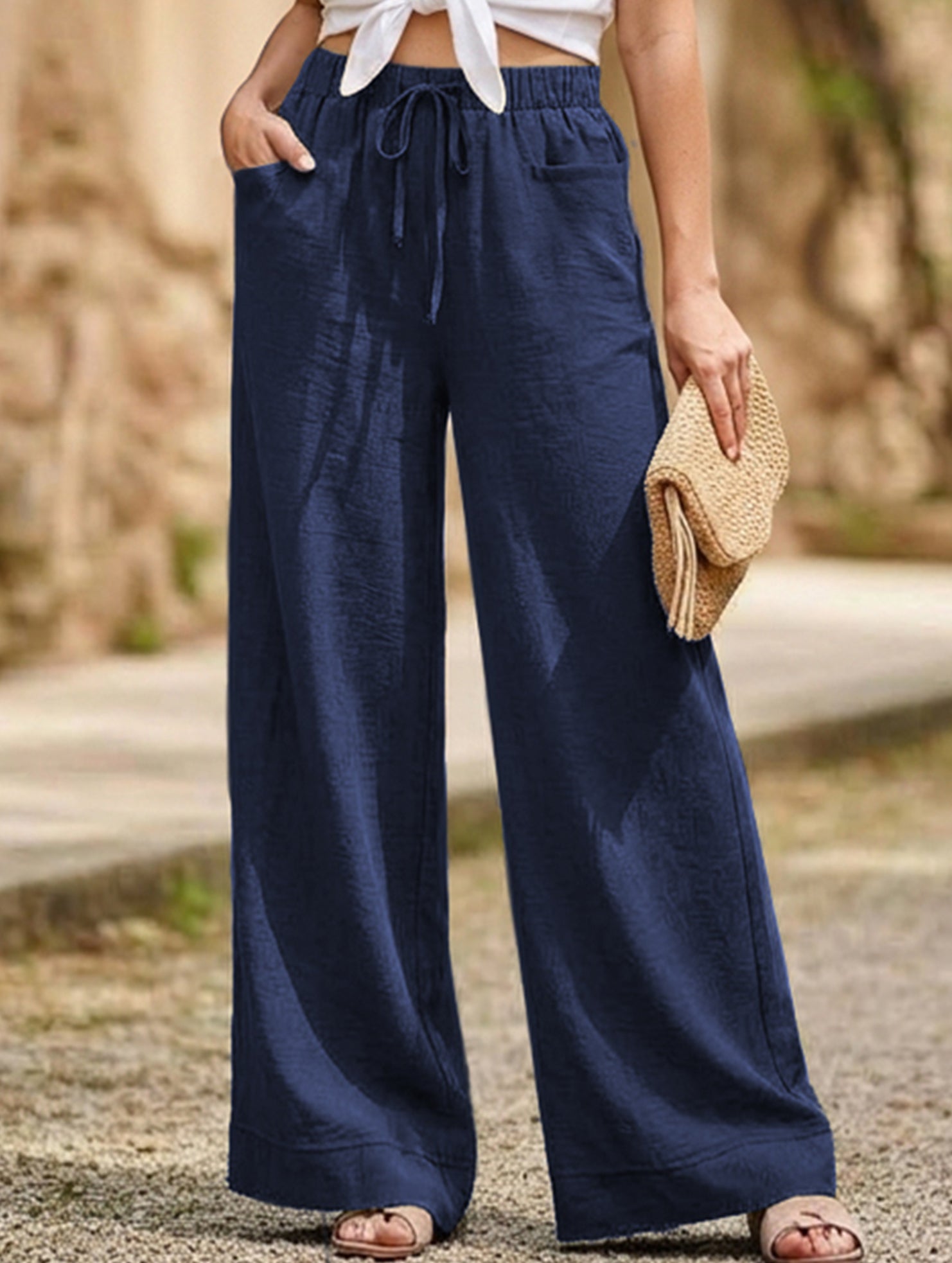 Drawstring High Waist Wide Leg Pants_CWBLP01670