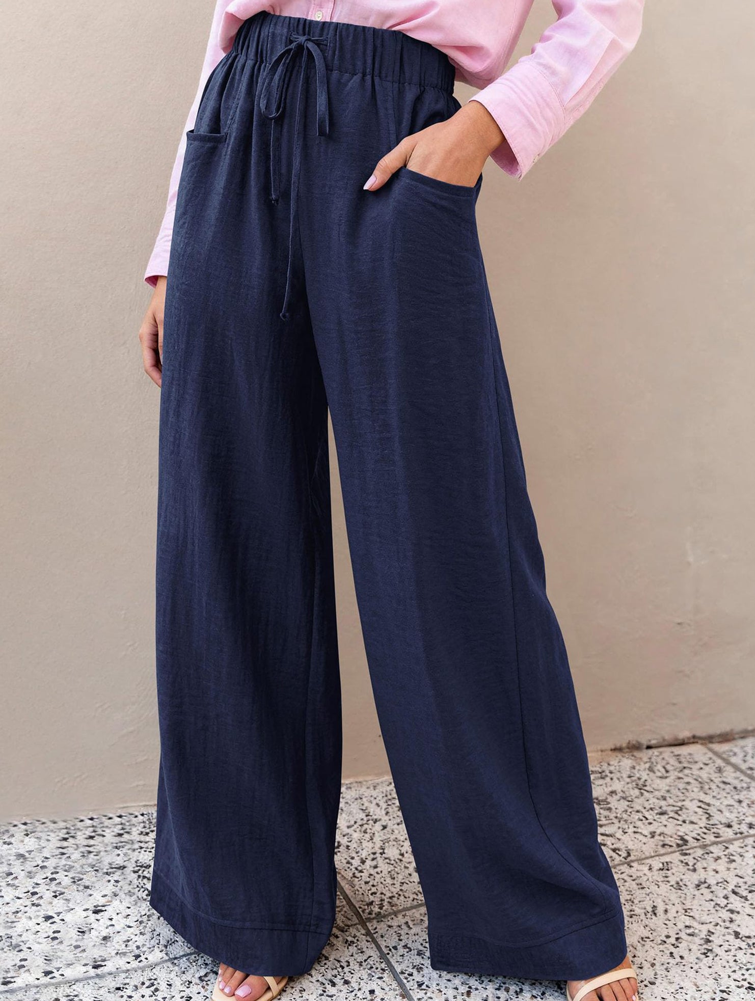 Drawstring High Waist Wide Leg Pants_CWBLP01670