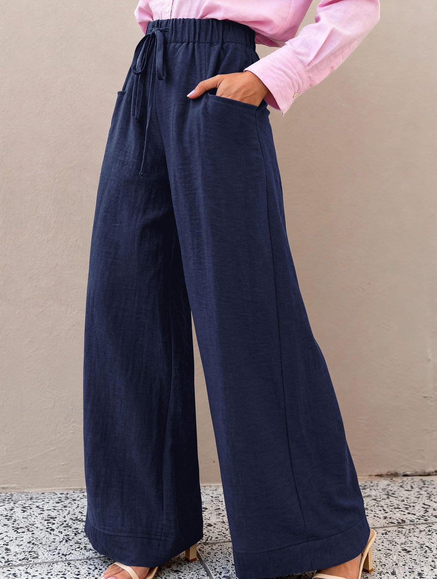 Drawstring High Waist Wide Leg Pants_CWBLP01670