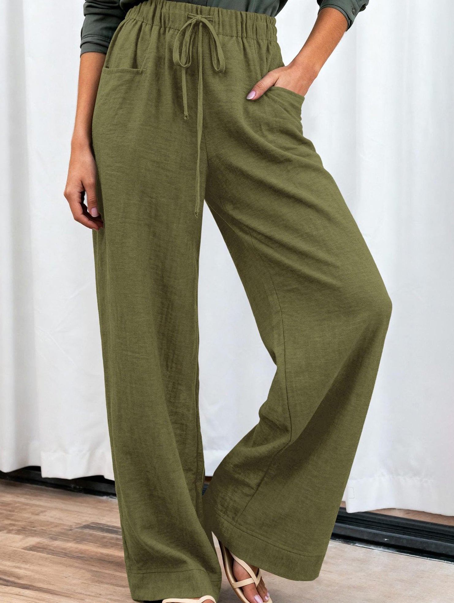 Drawstring High Waist Wide Leg Pants_CWBLP01670