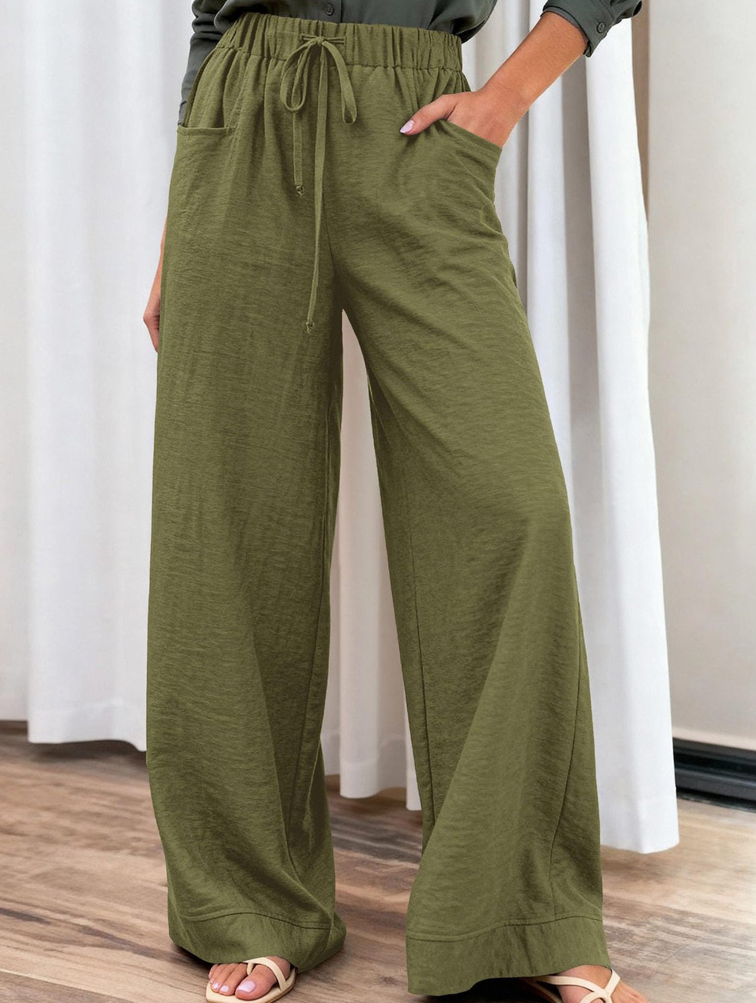 Drawstring High Waist Wide Leg Pants_CWBLP01670