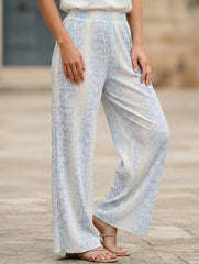 Blue White Print Wide Leg Pants_CWBLP01671