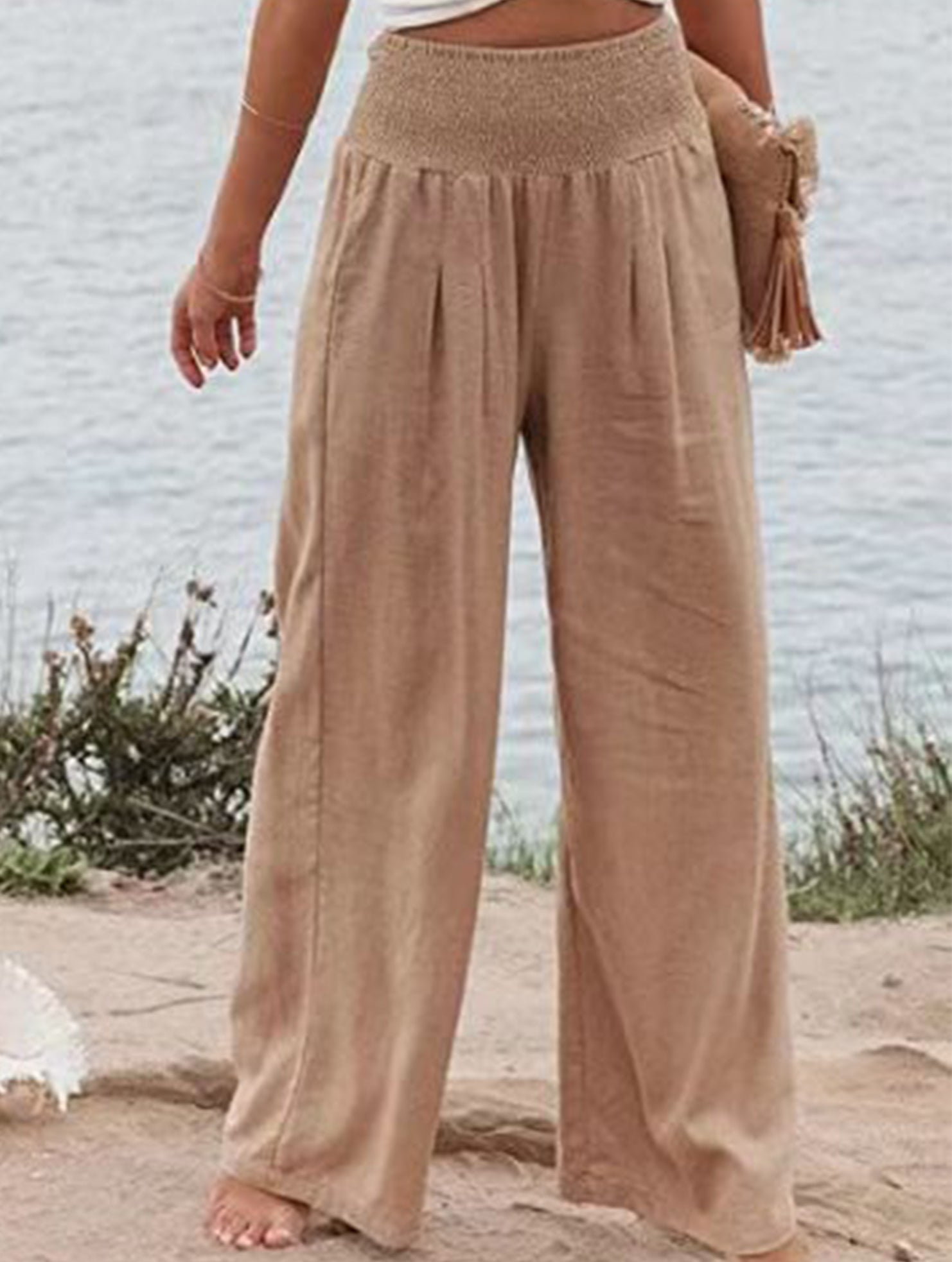Casual style High-waisted cotton distressed trousers