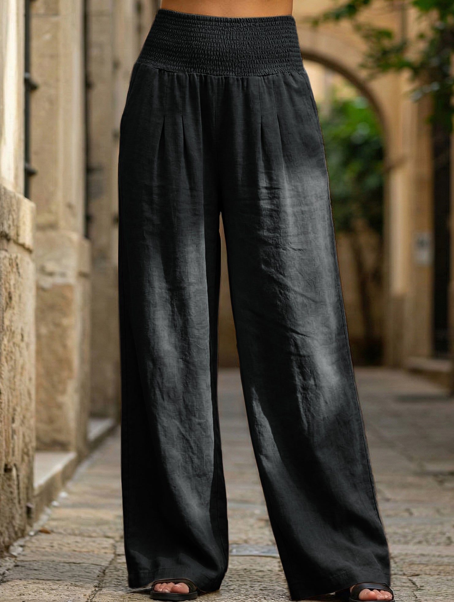 Casual style High-waisted cotton distressed trousers