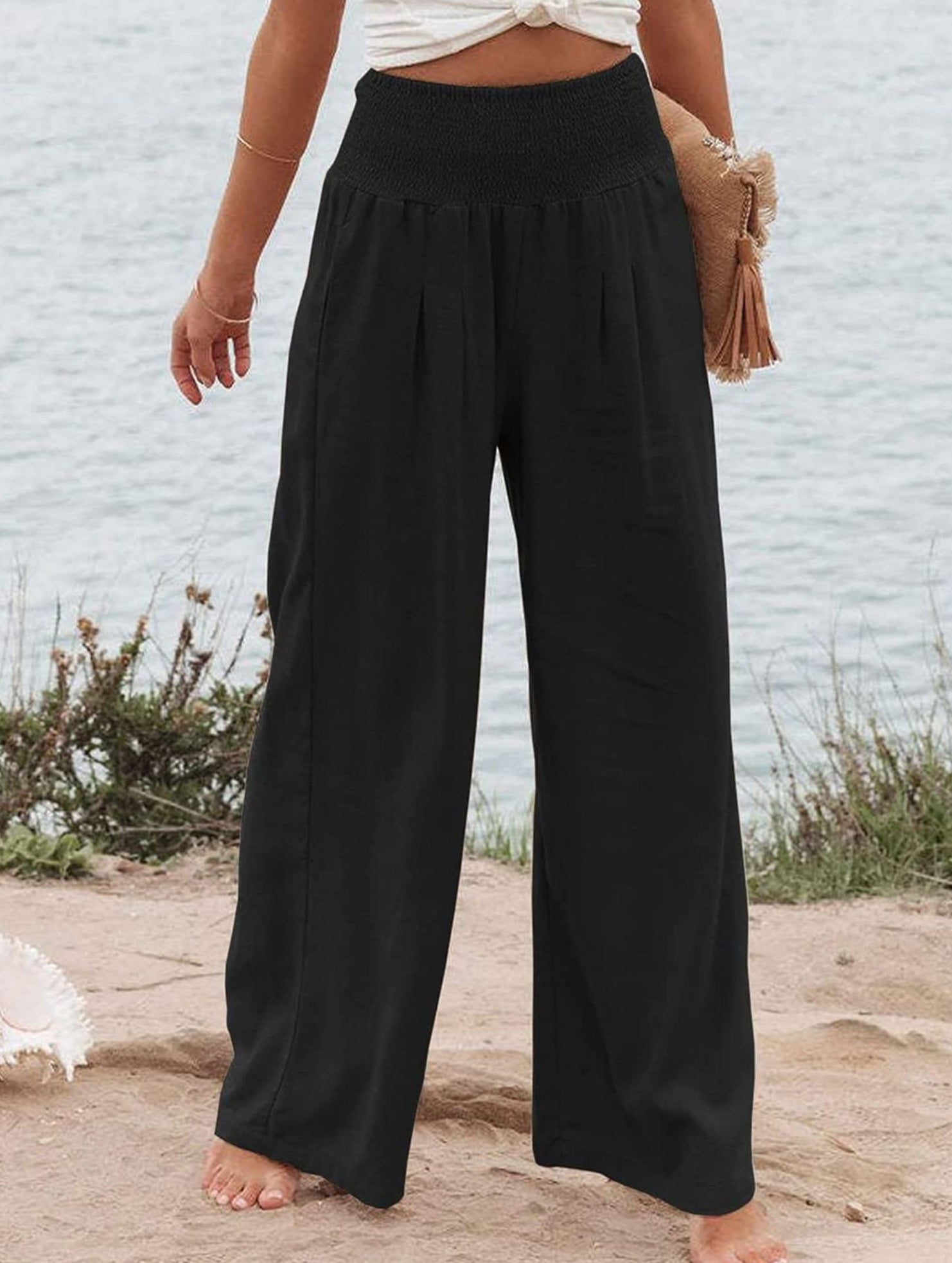 Casual style High-waisted cotton distressed trousers