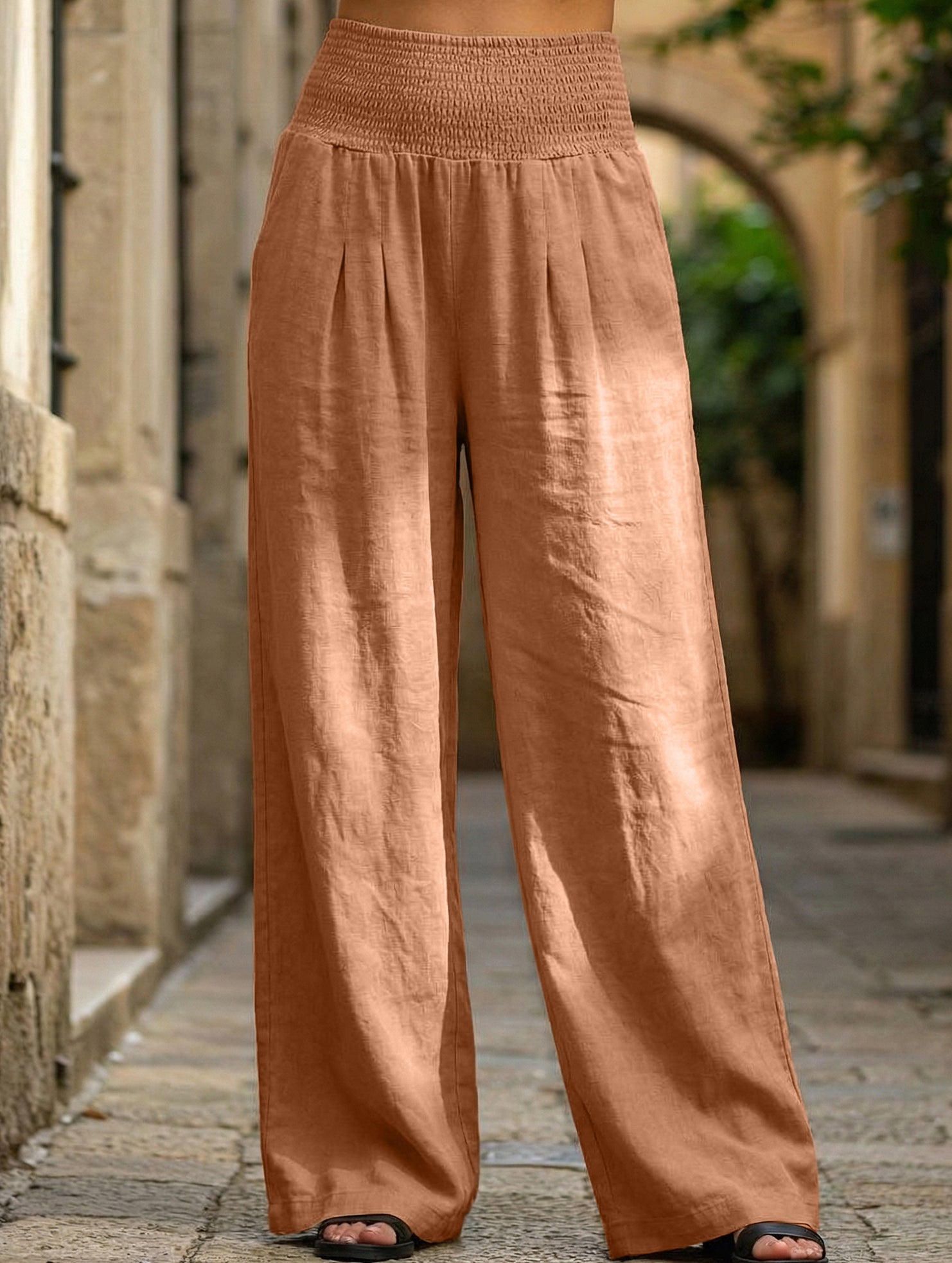 Casual style High-waisted cotton distressed trousers