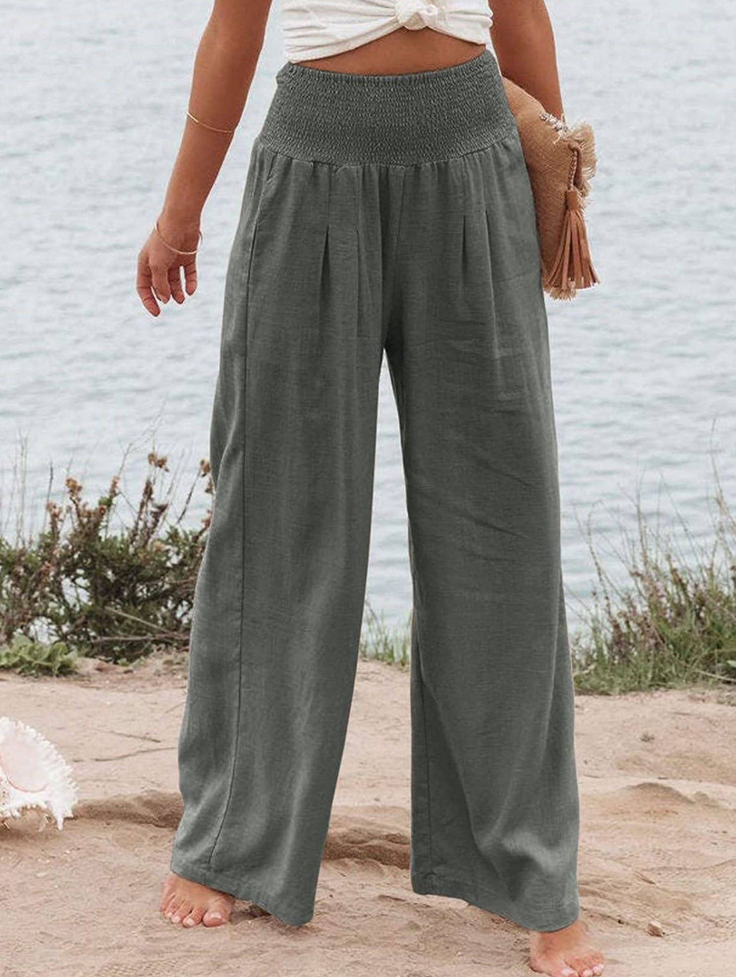 Casual style High-waisted cotton distressed trousers