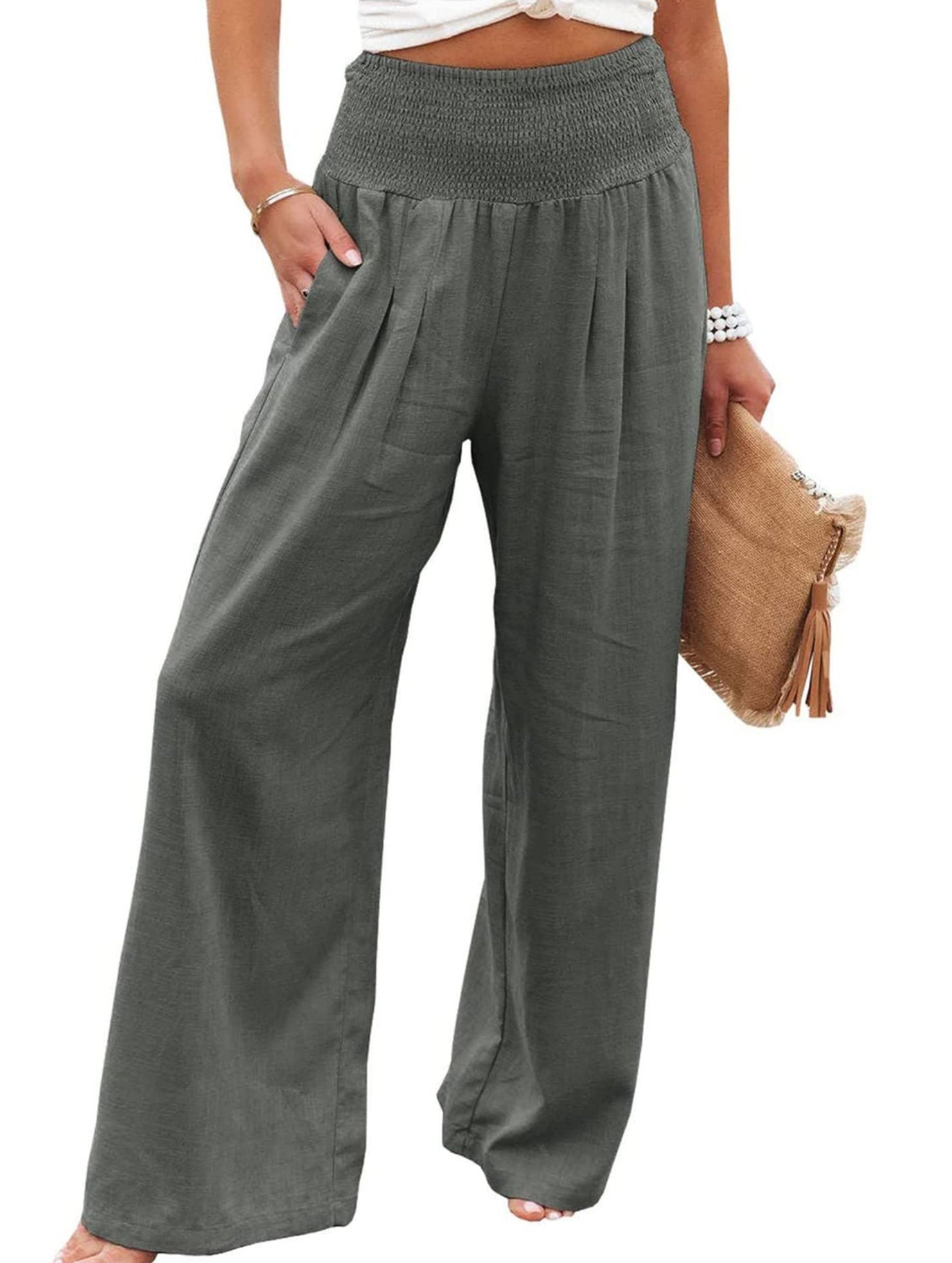 Casual style High-waisted cotton distressed trousers