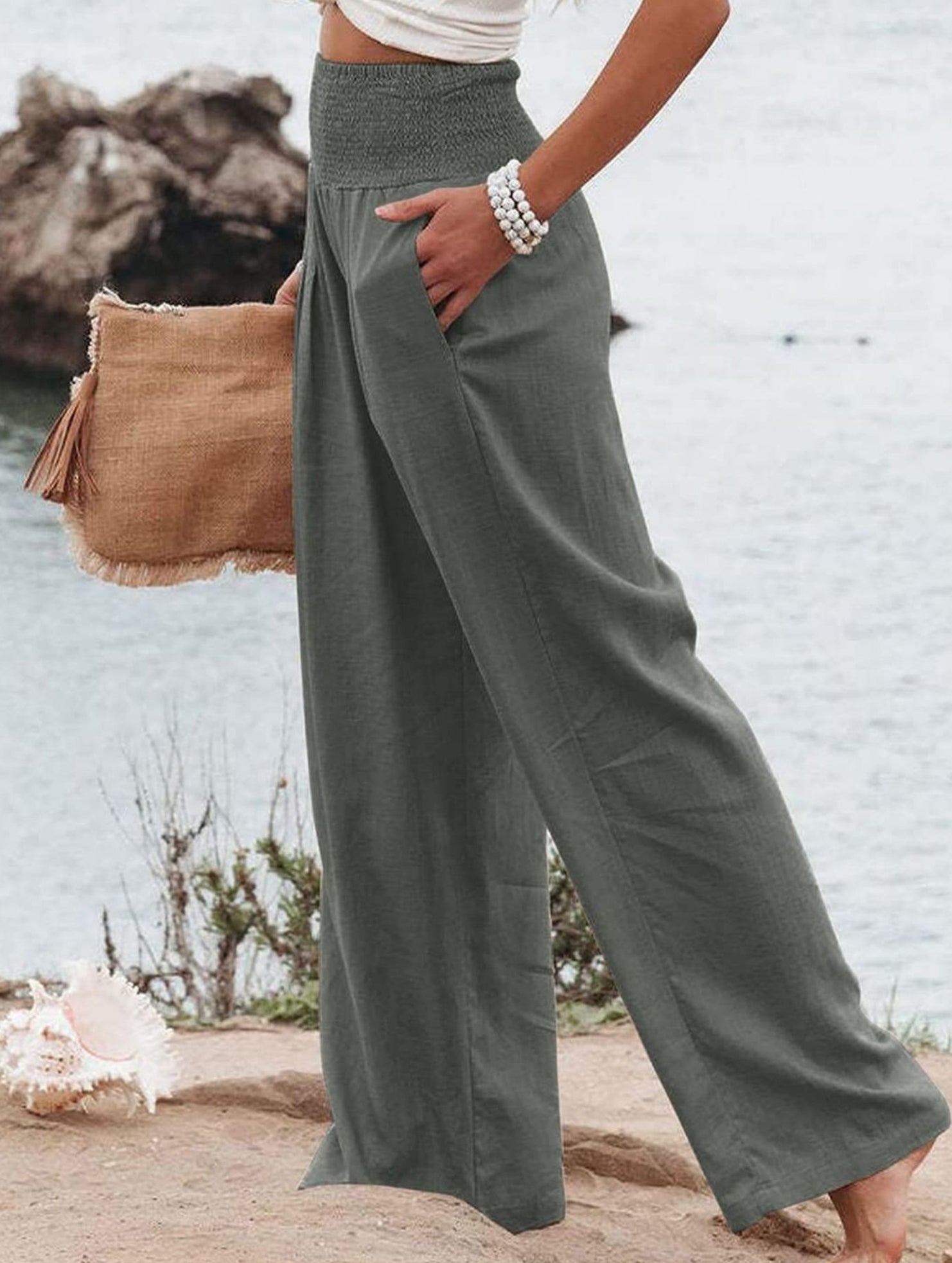 Casual style High-waisted cotton distressed trousers