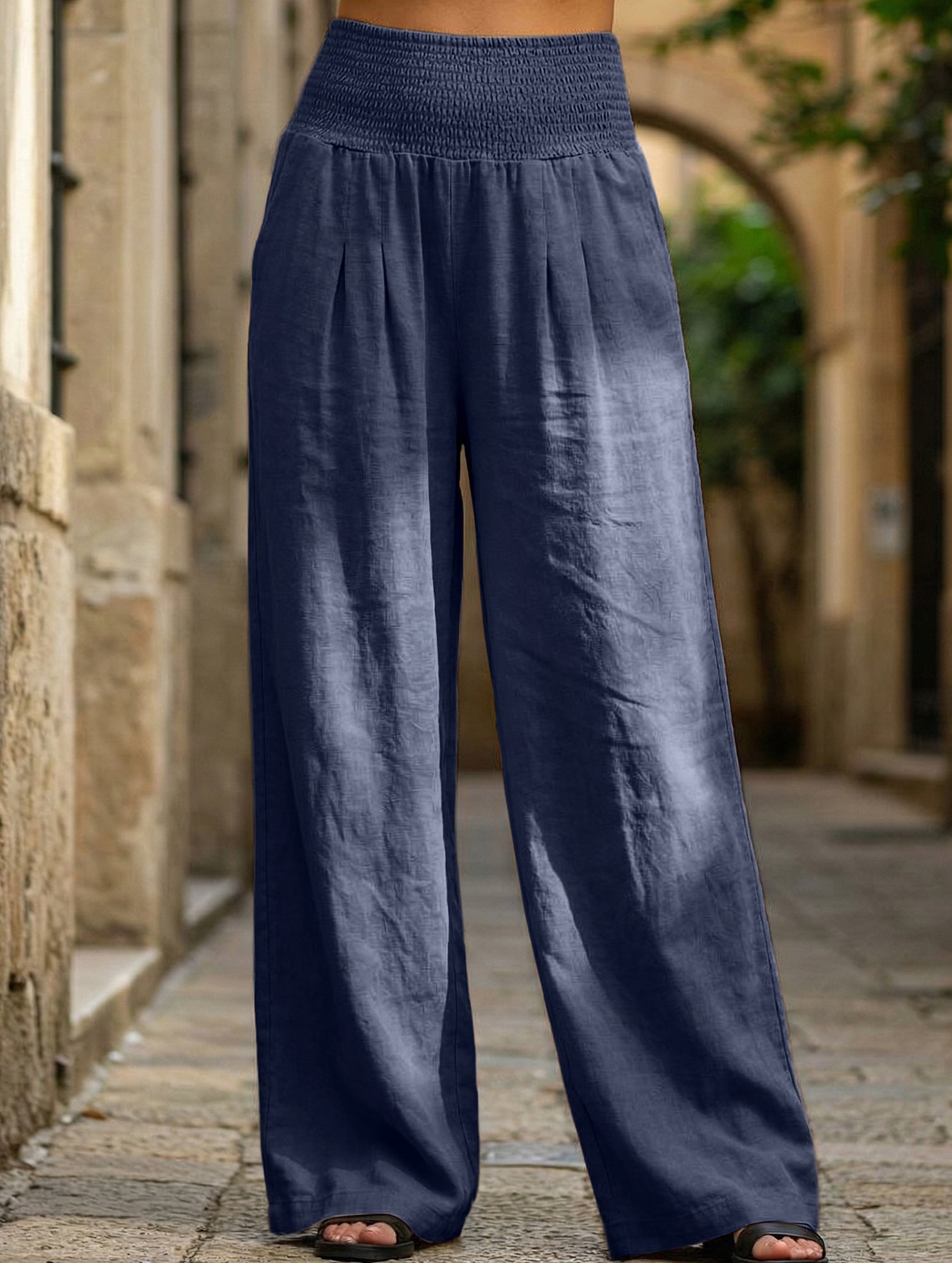 Casual style High-waisted cotton distressed trousers