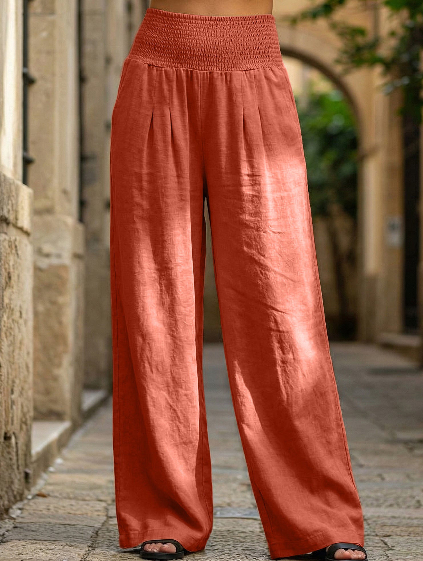 Casual style High-waisted cotton distressed trousers