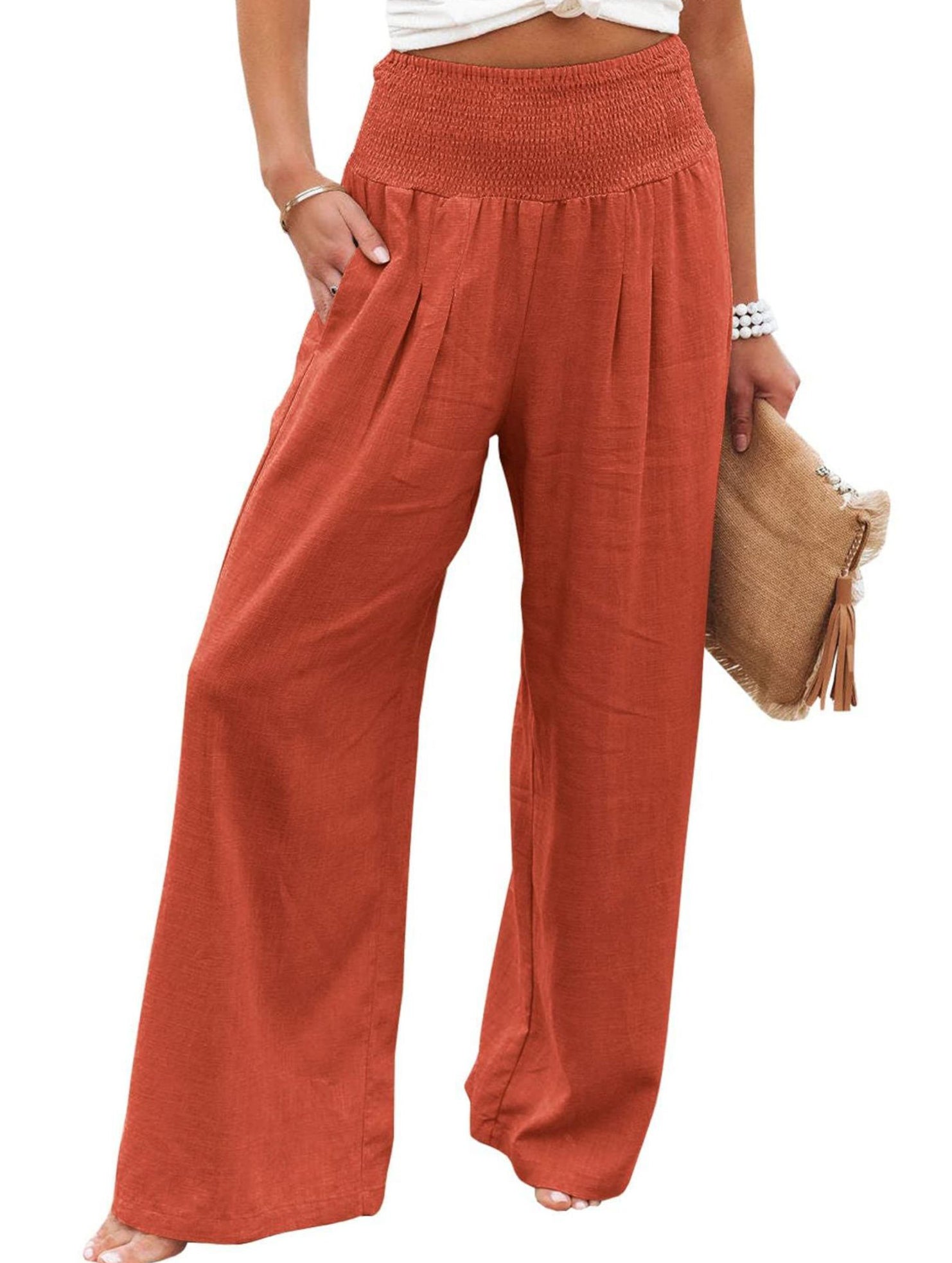 Casual style High-waisted cotton distressed trousers