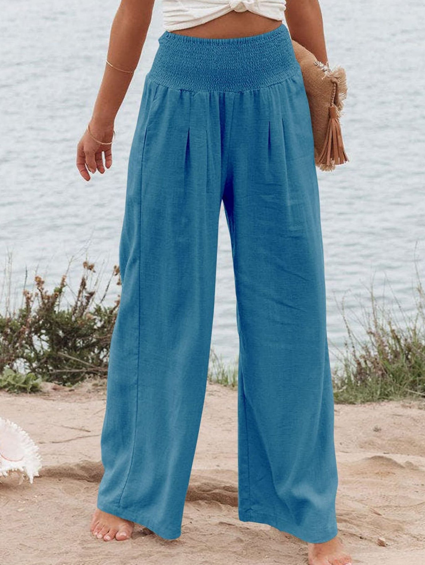Casual style High-waisted cotton distressed trousers
