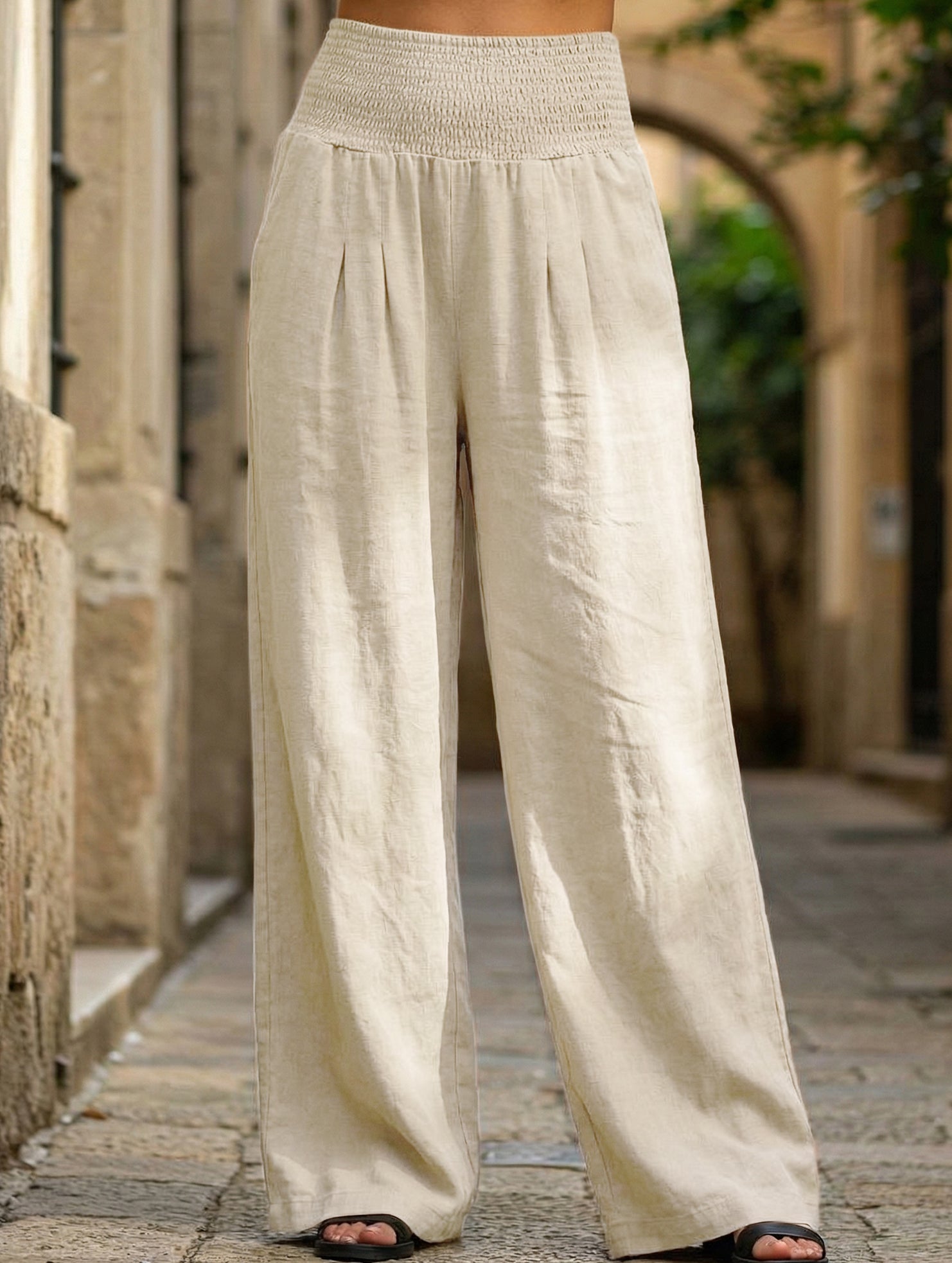 Casual style High-waisted cotton distressed trousers