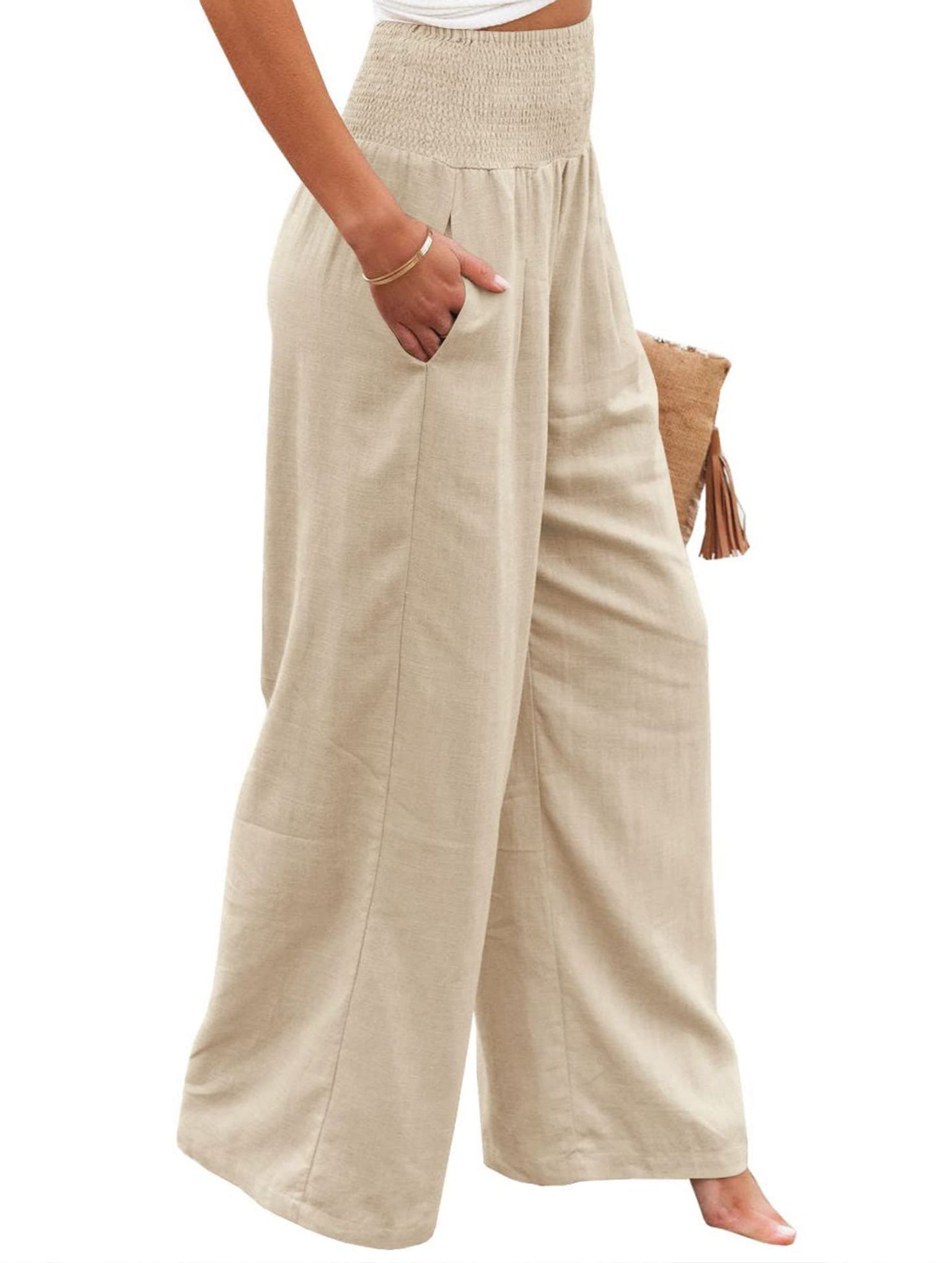 Casual style High-waisted cotton distressed trousers