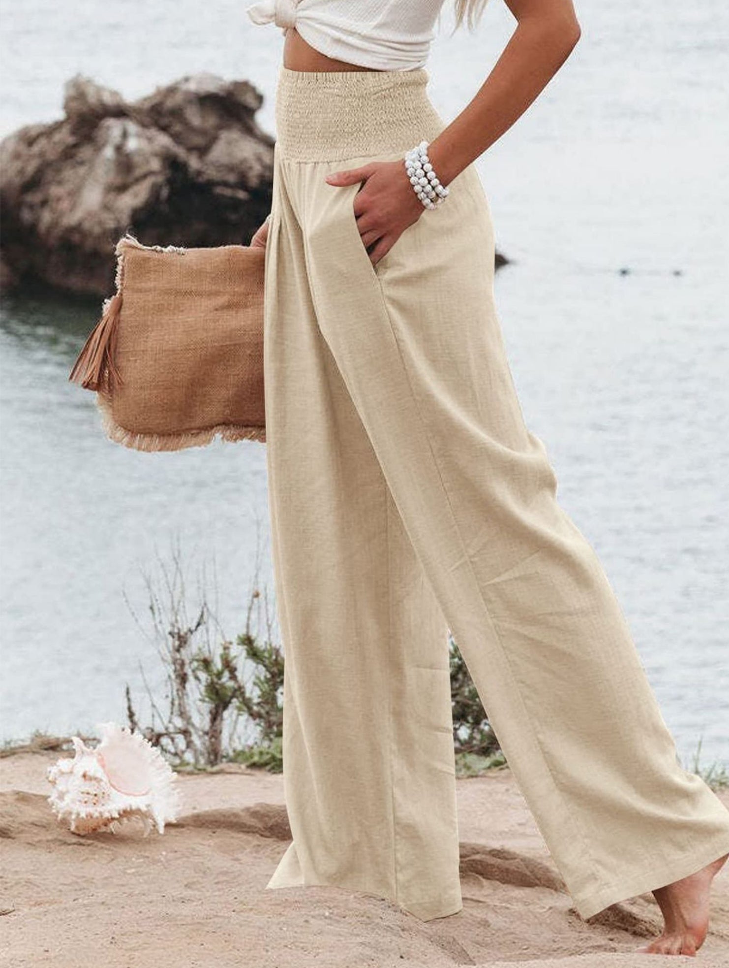 Casual style High-waisted cotton distressed trousers