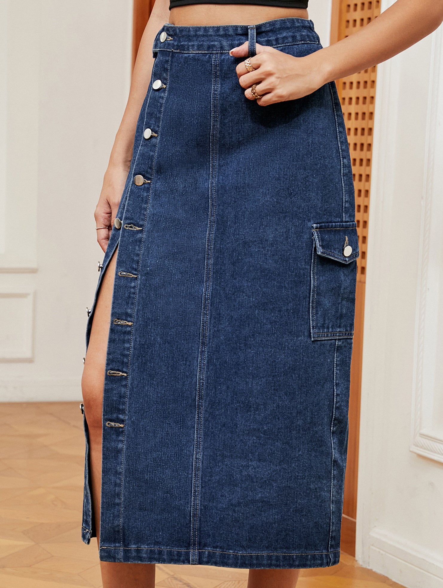 Casual semi-elastic denim work skirt