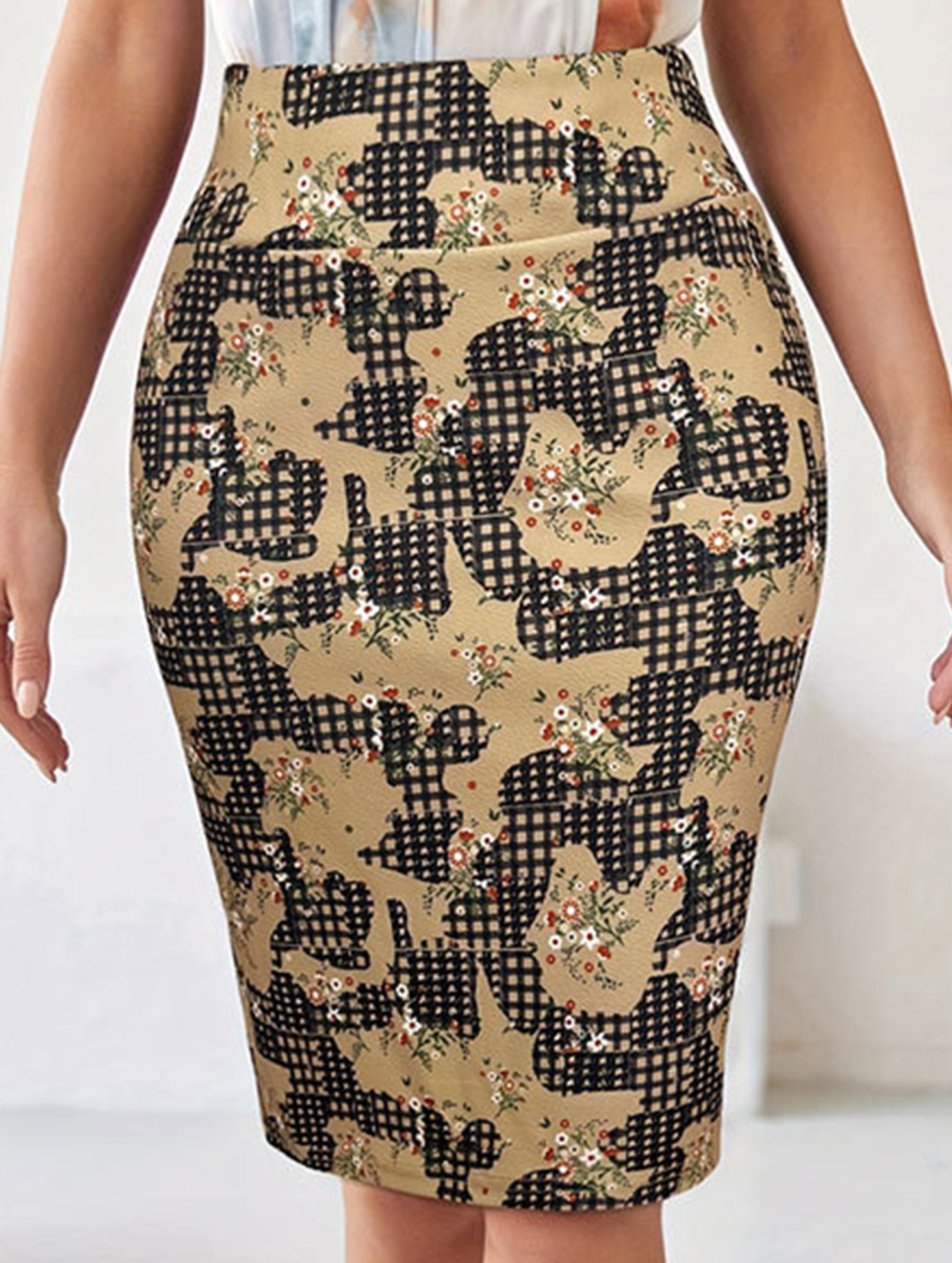 Retro printed back slit hip skirt