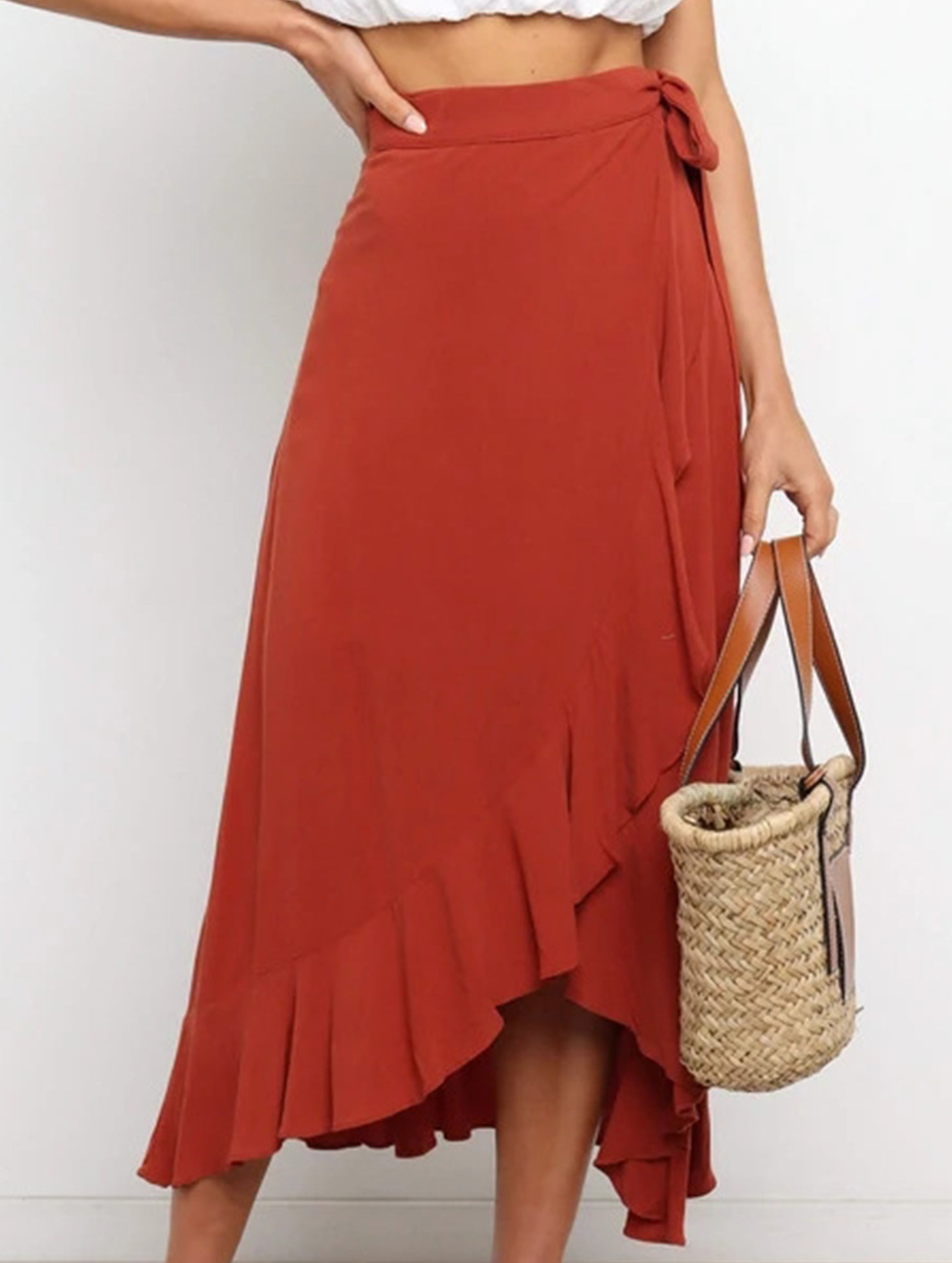 One-piece tie-up long skirt, irregular midi skirt