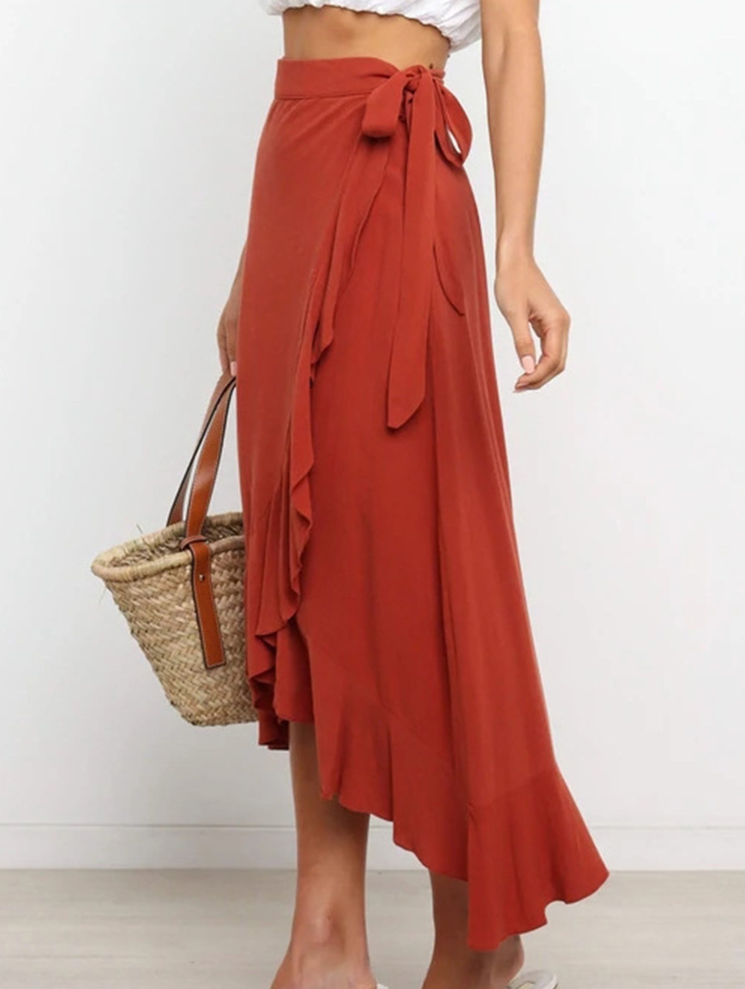One-piece tie-up long skirt, irregular midi skirt