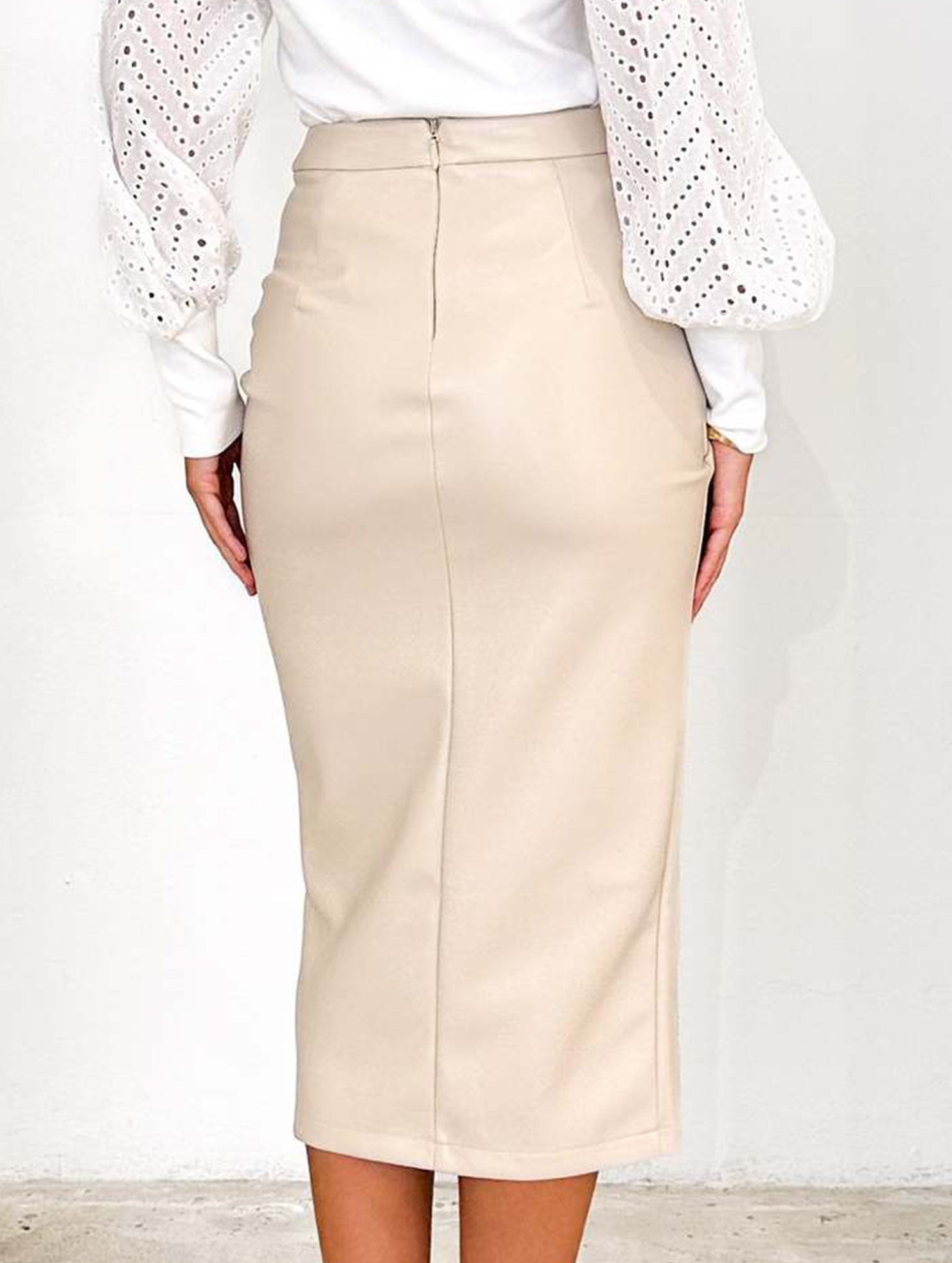 High-waisted zipper pleated PU slit skirt