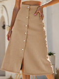Single-breasted high-waisted corduroy midi skirt